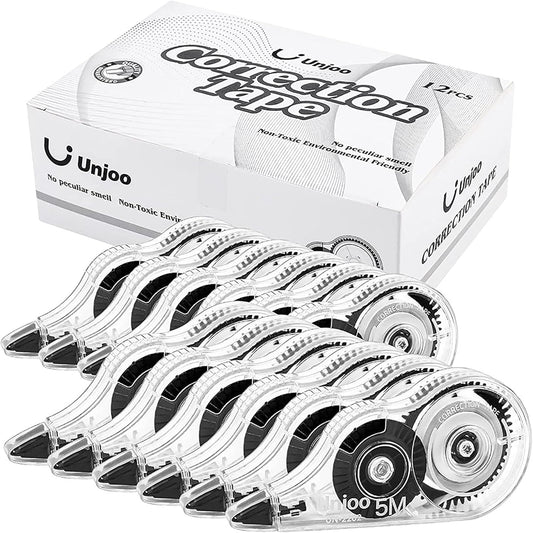 White Correction Tape, Easy To Use Applicator for Instant Corrections Wrong Writing At Any Time, For school, Office (12pack, 5M/196" x 0.2", Black)