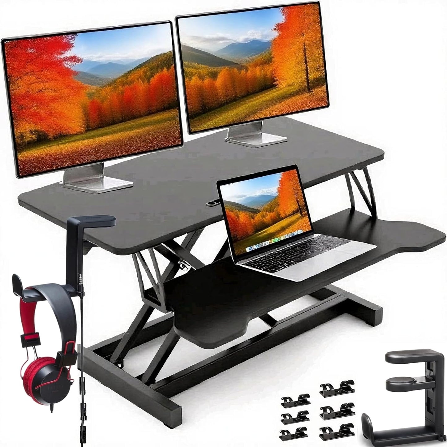 Standing Desk Converter - 32 Inch Wide Adjustable Sit to Stand Up Workstation, Dual Monitor and Laptop Riser with Wide Keyboard Tray, Headphone Stand,Cable Clips,for Home Office, Black