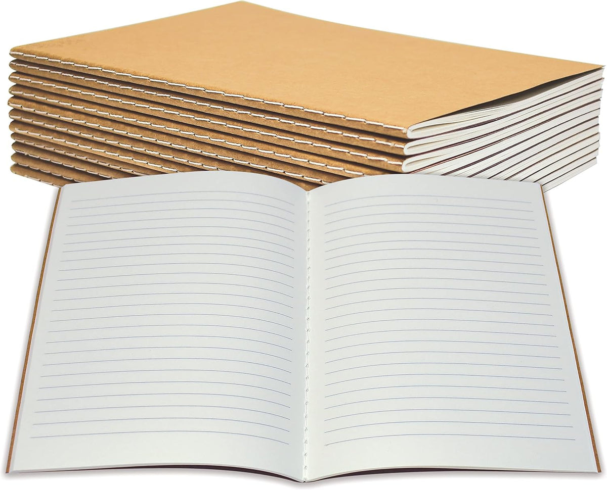 Better Office Products Kraft Notebooks Lined Paper, 12 Pack, 8.3 in x 5.5 in, A5 Size, 60 Lined Ivory Pages, 80 gsm, Soft Cover Composition Notebooks, Stitched Spines, Kraft Travel Journals