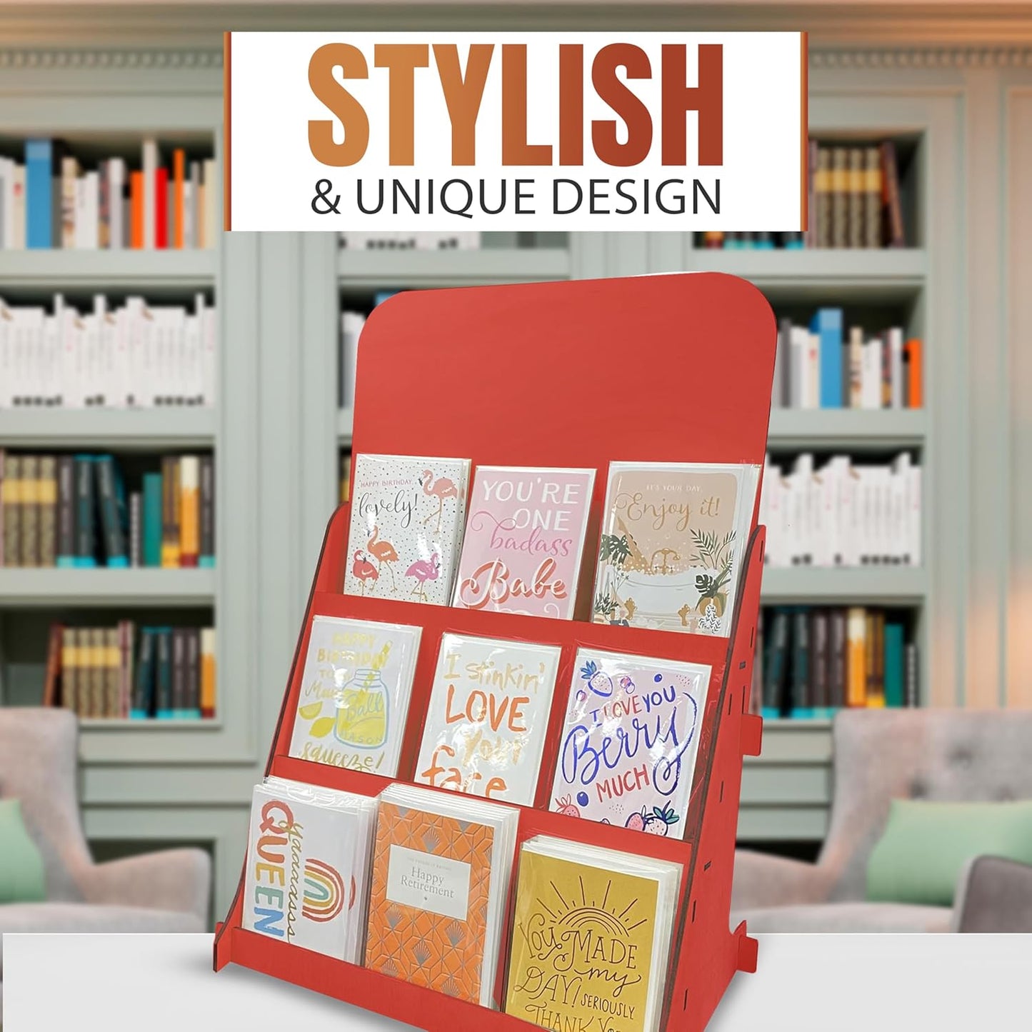 TORCHED DISPLAYS Greeting Card Organizer Display Stand – 3-Tiered Picture Stands for Display – Multipurpose Wooden Stand Ideal for Greeting Cards, Photos, Birthday Cards, Baseball Card Stand-RED