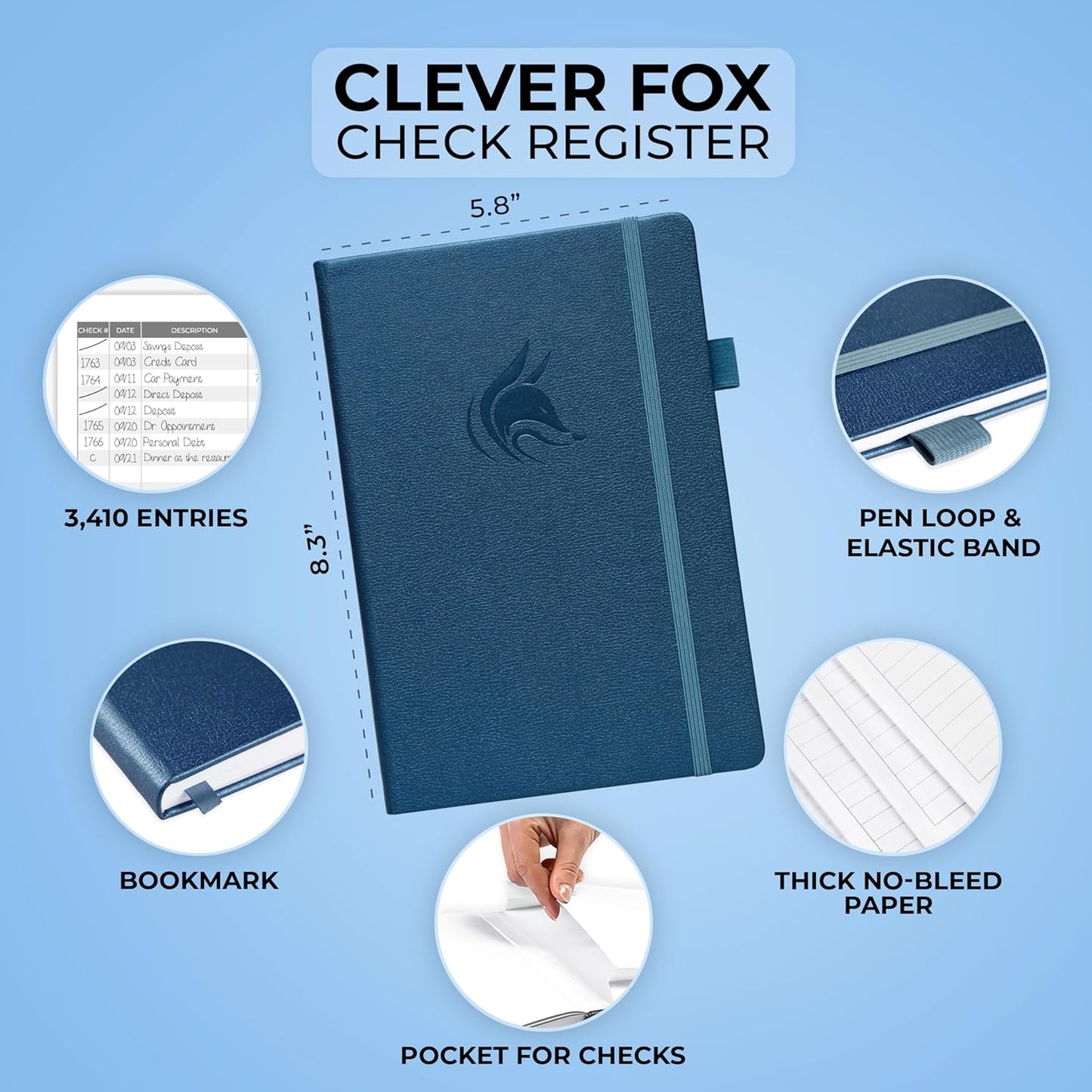 Clever Fox Check Register Book - Deluxe Transaction Register, Accounting Ledger Book, Checkbook Register & Checking Account Register Book for Personal and Work Use, A5 Hardcover - Mystic Blue