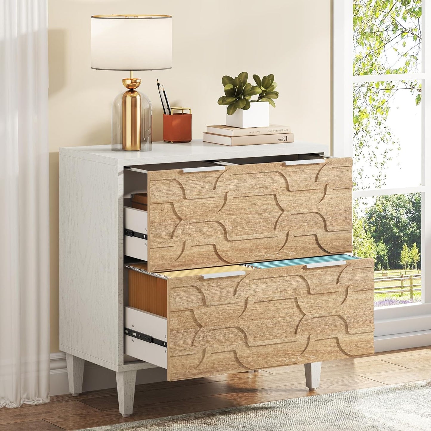 LITTLE TREE 2-Drawer File Cabinet, Lateral Filing Cabinet for A4/Letter/Legal Size, Office Storage Cabinet, Printer Stand with Storage Drawer for Home Office, Wood & White