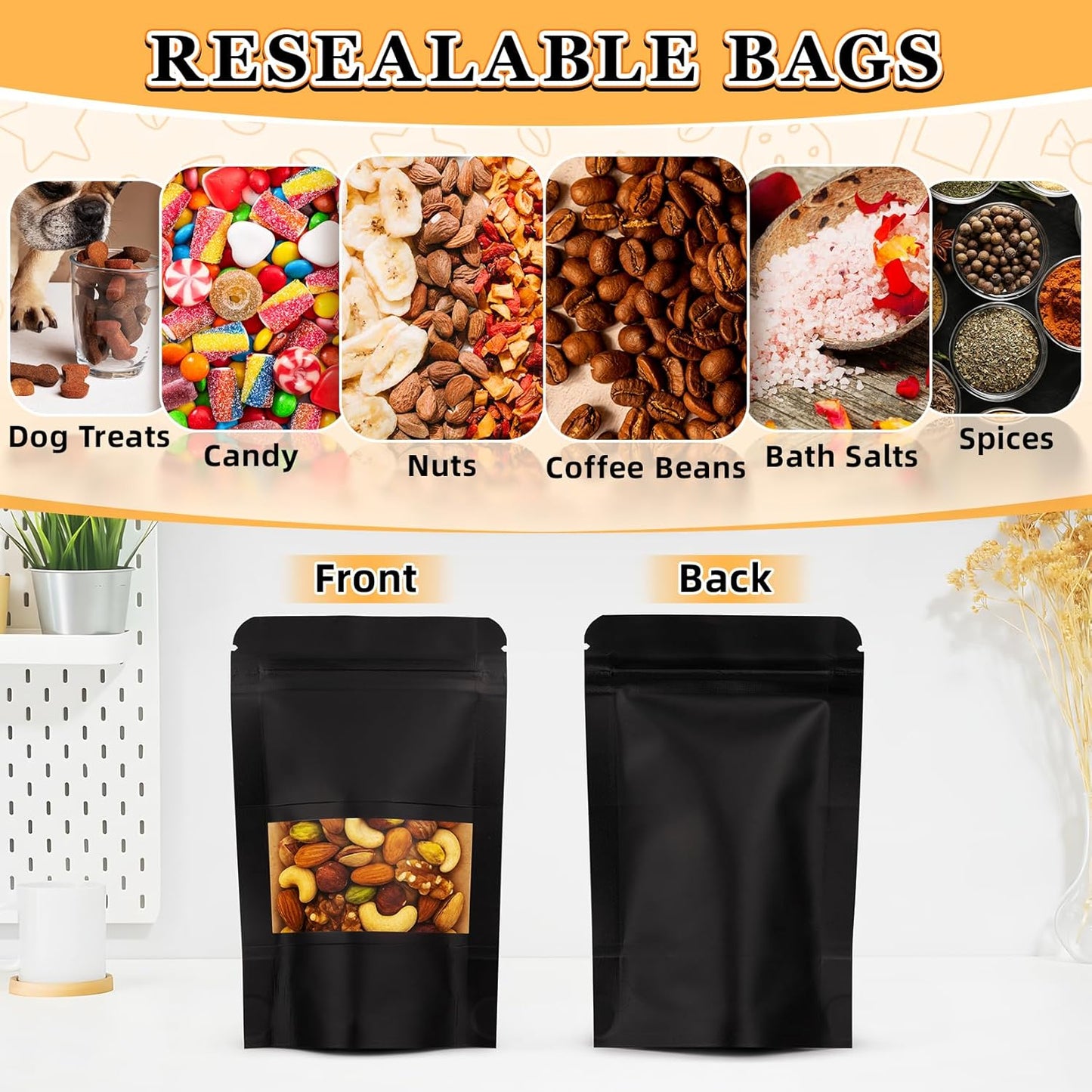 Mylar Bags for Food Storage, 100 Pack Smell Proof Bag with Window, Resealable Bags for Small Business, Candy Bags, Dog Treat Bag, Bakery Packaging, Stand Up Pouch (5.5"x7.9")