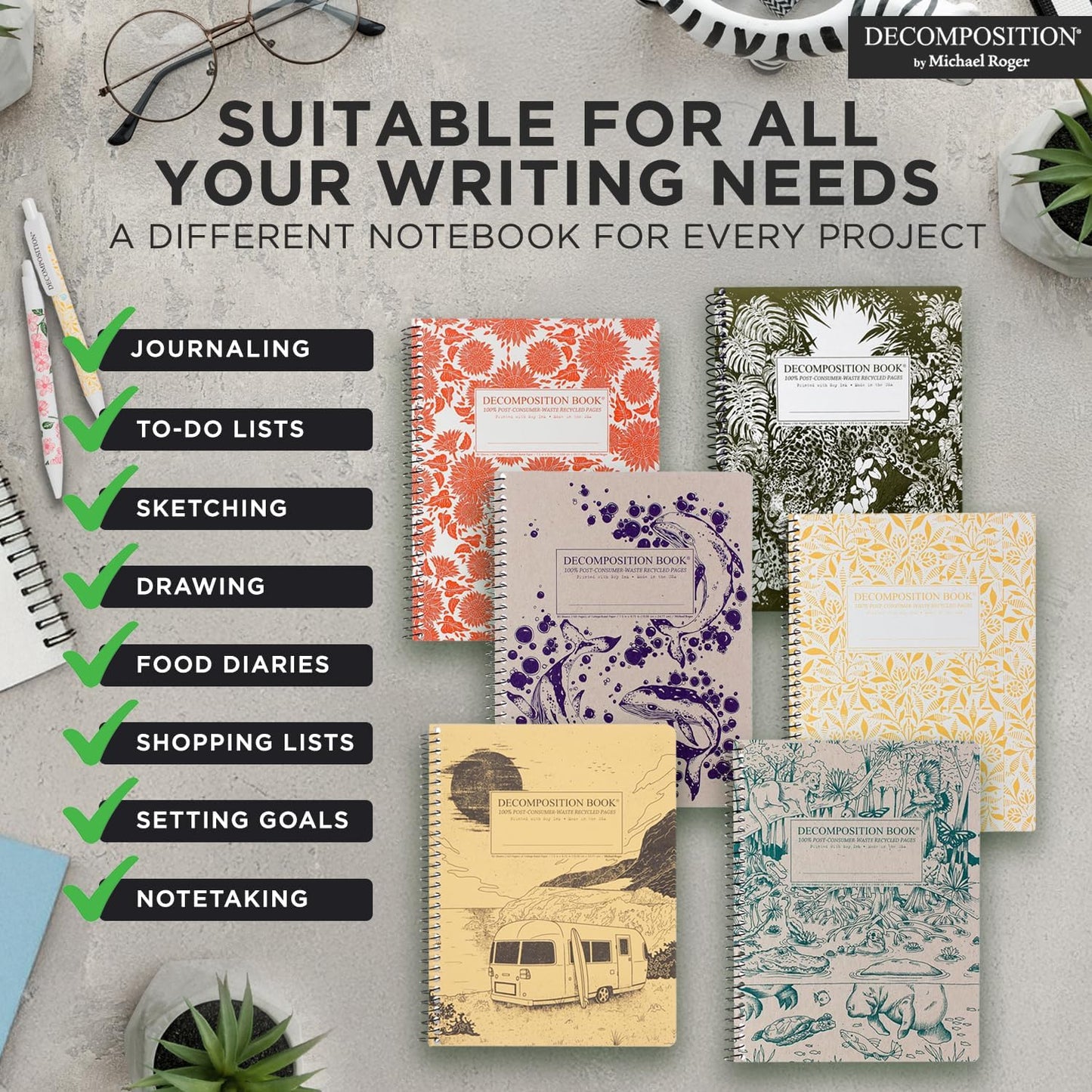 Decomposition 3-Pack Sunny Blossoms College Ruled Spiral Notebook - 9.75 x 7.5 Journal, 160 Lined Pages - 100% Recycled Paper - Notebooks for School Supplies, Home & Office - Made in USA