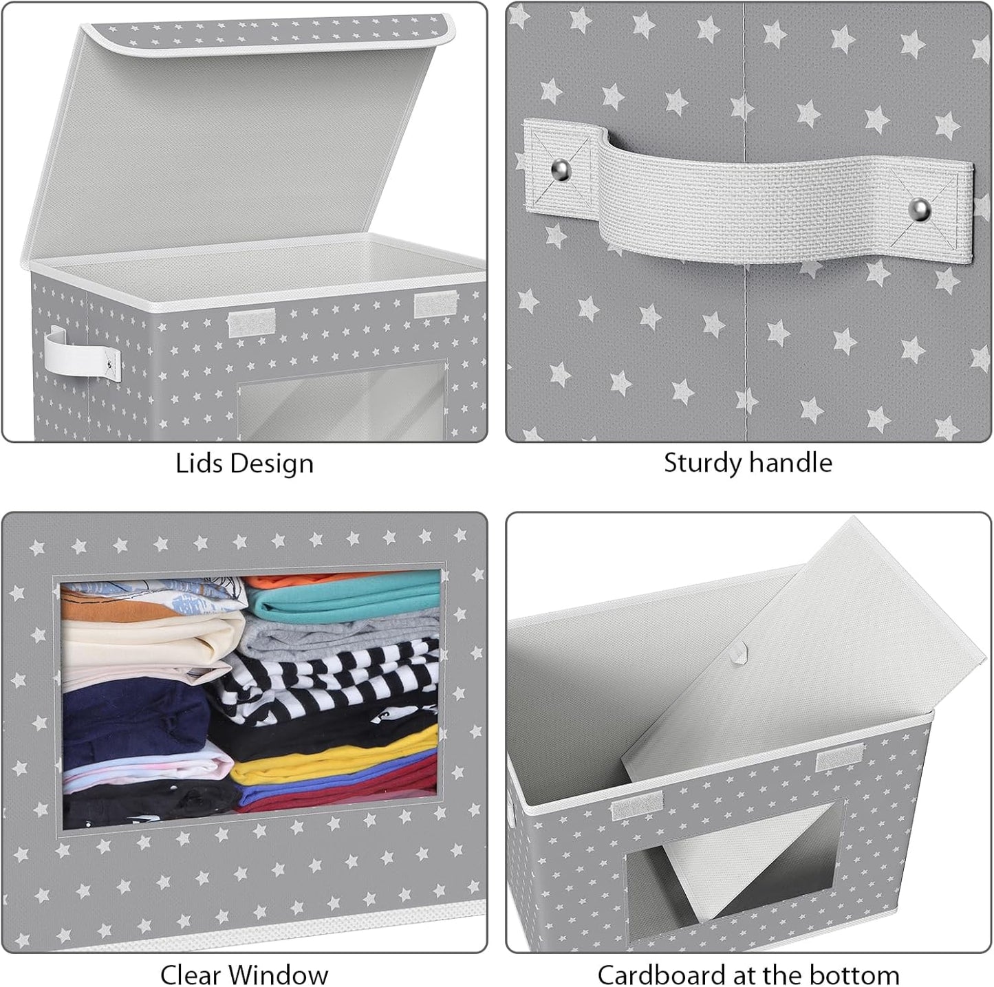 Univivi Fabric Foldable Storage Boxes [4-Pack] Large Collapsible Stackable Storage Bins with Lids, Closet Organizers and Storage Cube Basket for Home, Office, Bedroom (Gray Star, 17”x 12” x 12”)