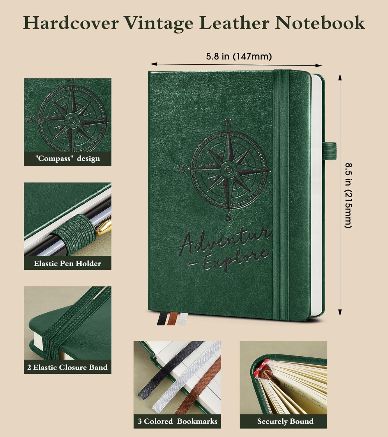 Lined Journal Notebook for Women Men, 160 Pages, A5 Hardcover Vintage Leather Journaling Notebooks for Work, School, Note Taking, Travel, Bible Study, Daily Diary for Writing 5.8"x8.5" (Green)