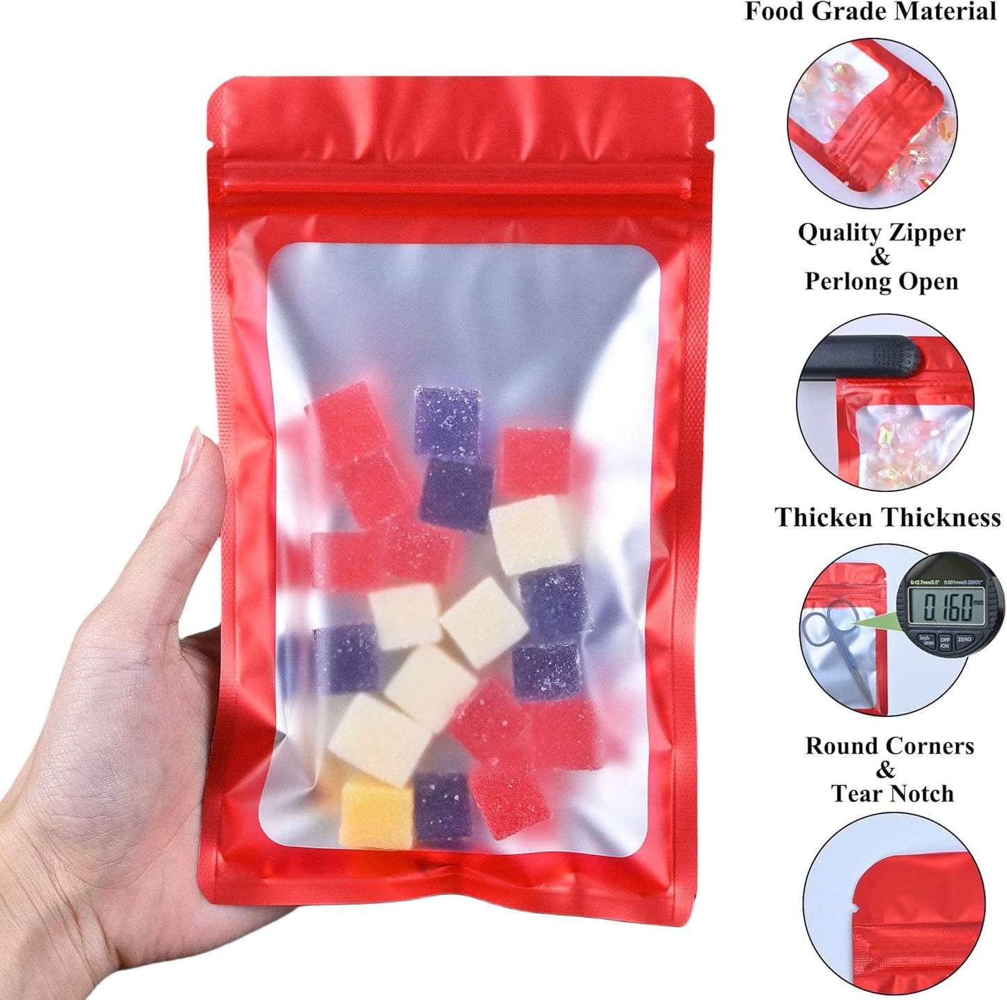 Resealable Mylar Pouch Bag Great for Office Home Party Favor Food Storage (100PCS, Red Color, 4.7 x 8 inch)