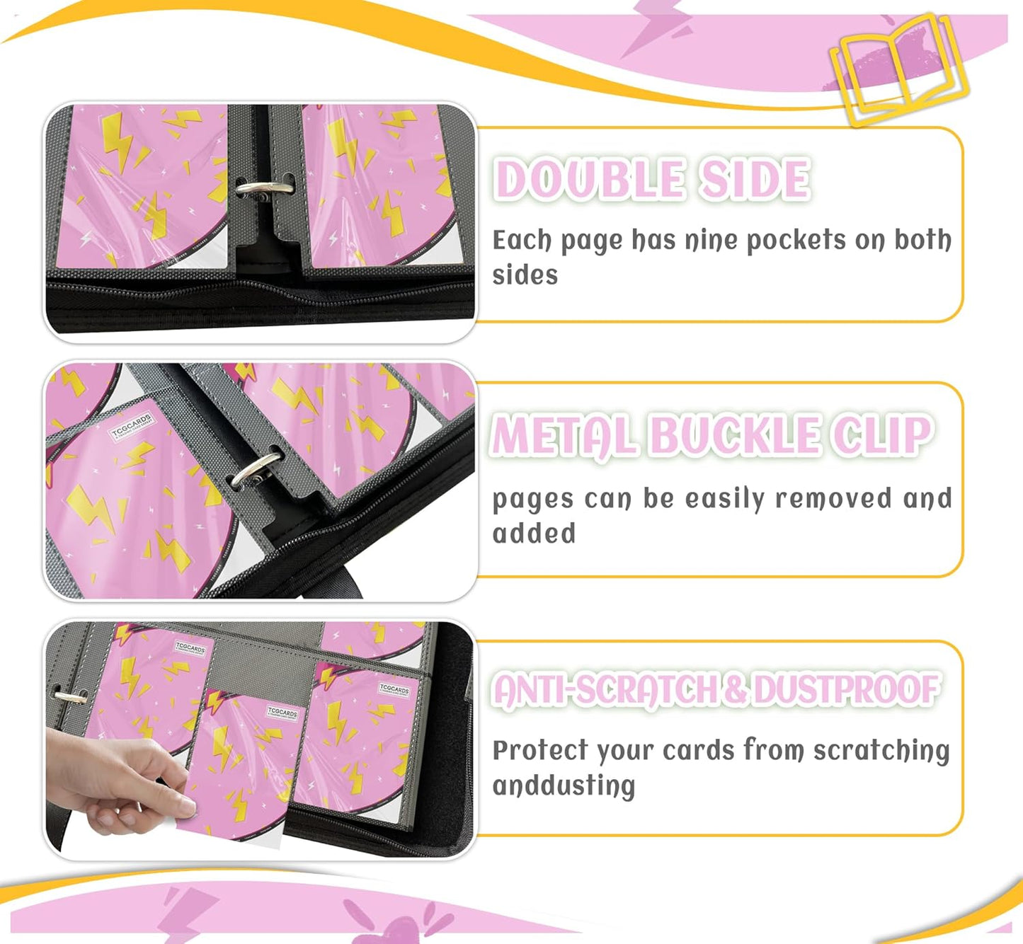 Trading Card Binder 9 Pocket，Card Binder 900 Pockets Card Book Holder Cards with 50 Removable Sleeves，3-Ring Zip Design MTG/TCG/Sport Collectible Trading Card Albums Gifts for Boys and Girls (Pink)