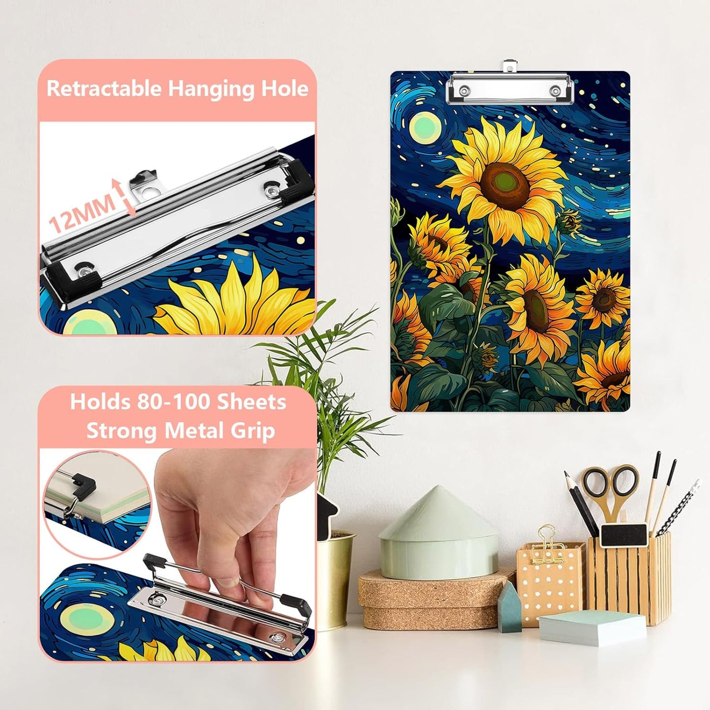 Sunflower Oil Painting Plastic Clipboards,Cute Fashion Clipboard Decorative 8.5" x 12.5"Standard A4 Size Clipboards,Acrylic Clipboard for Teacher,Social Worker,Students,Nurse,Office Supplies