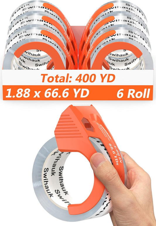 Swihauk Total 400 yd, 6 Pack 1.88 in x 66.6 yd - Heavy Duty Packing Tape with Dispenser Combo, Clear Shipping Tape, Packaging Tape, Package Tape for Shipping Moving Storage and Mailing, w30200