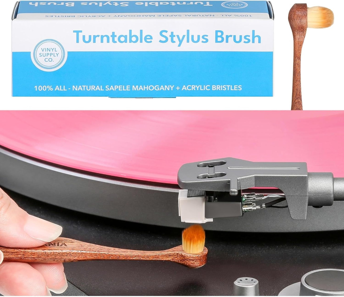 Turntable Stylus Brush by Vinyl Supply Co. - 100% All-Natural Wood Vinyl Brush - Goat Hair Vinyl Record Brush - Stylus Brush Cleaner for Needles and Cartridges (Stylus Brush)