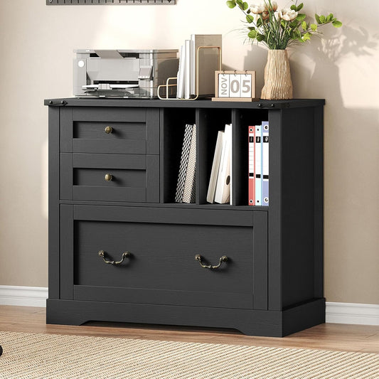 Farmhouse File Cabinet, Lateral Filing Cabinet with 3 Drawers and Folder Organizer, Office Storage Cabinet for A4 Letter Size Files, Printer Stand with Storage for Home Office, Black