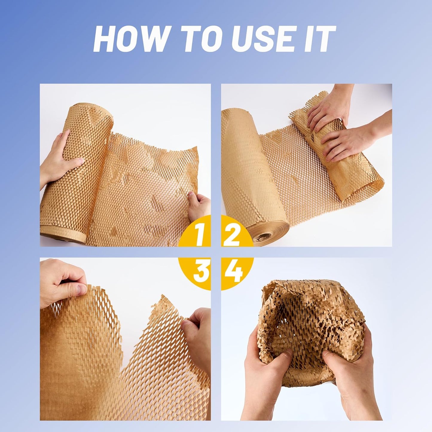 Honeycomb Packing Paper 15"x131' - Bubble Wrap Eco-Friendly Alternative, Recyclable Cushioning Material for Shipping, Moving & Small Business Packing Supplies with 20 Fragile Sticker Labels