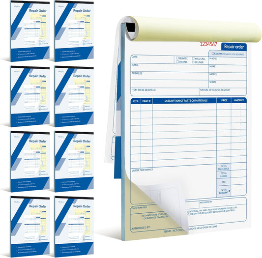 Repair Order Book, 2 Part Carbonless Job Work Order Forms - White/Yellow, 5-7/10 x 8-1/4 Inches, Invoice Receipt Book for Small Business, Consecutively Numbered, 400 Sets (8 Packs)