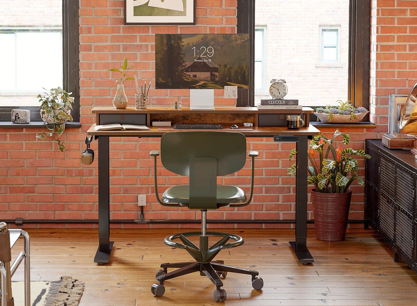 FEZIBO 63 x 28 Inch Deeper Height Adjustable Electric Standing Desk with Double Drawers, Sit Stand Up, Home Office Computer Desk with 4 Height-Adjustable Feets & 2 Hooks, Black Frame/Rustic Brown Top