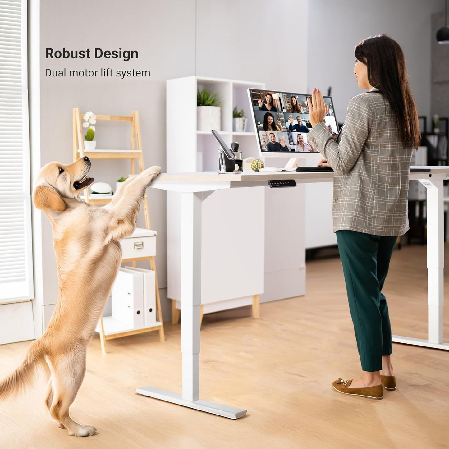 Progressive Desk Stand Up Height Adjustable Electric Standing Desk - 48" x 30" with Dual Motor, 3 Stages Sit Stand Table - Bright Beech, White Frame