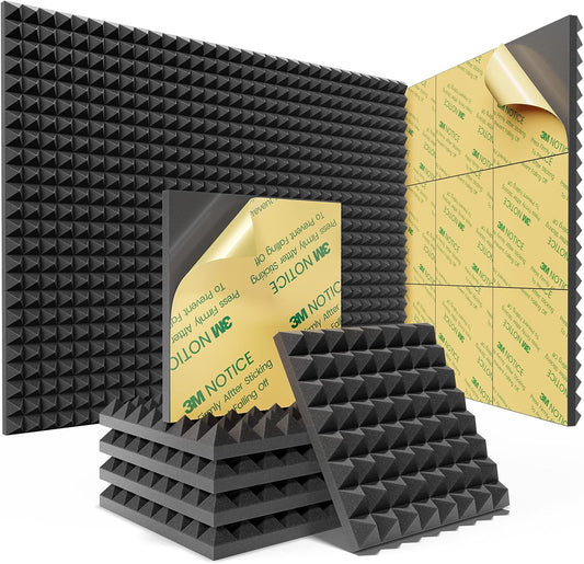 Sonicism 12 Pack Pyramid Sound Proof Foam Panels with Self-Adhesive, 12" X 12" X 1" Acoustic Foam Panels of High Density, Soundproof Wall Panels Fast Expand, Sound Absorption and Decoration (Black)
