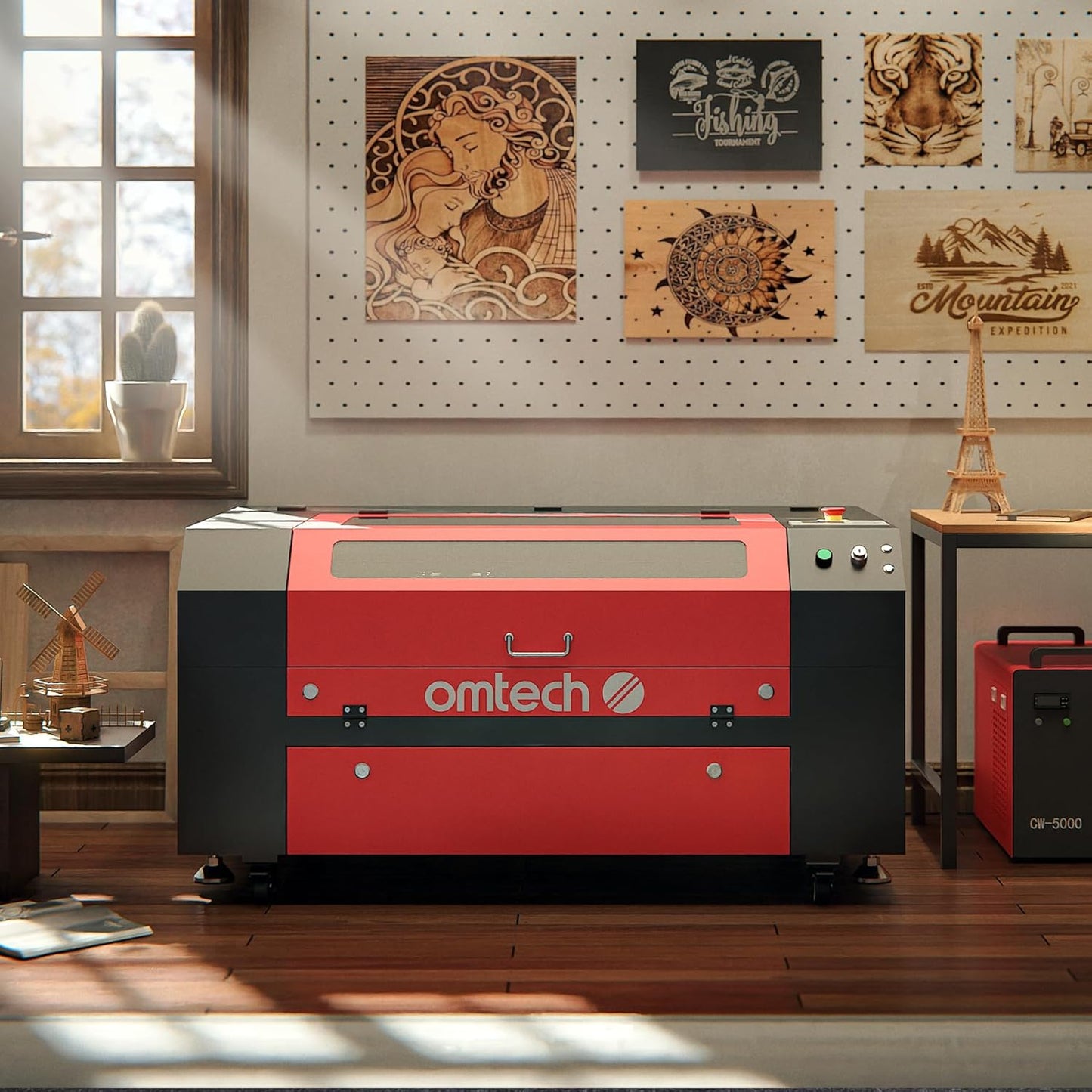 OMTech 60W CO2 Laser Engraver with LightBurn and Water Chiller, 28x20 Inch Laser Engraving Cutting Machine with Autolift 4 Way Pass Air Assist, Commercial Laser Engraver Cutter for Wood Glass More