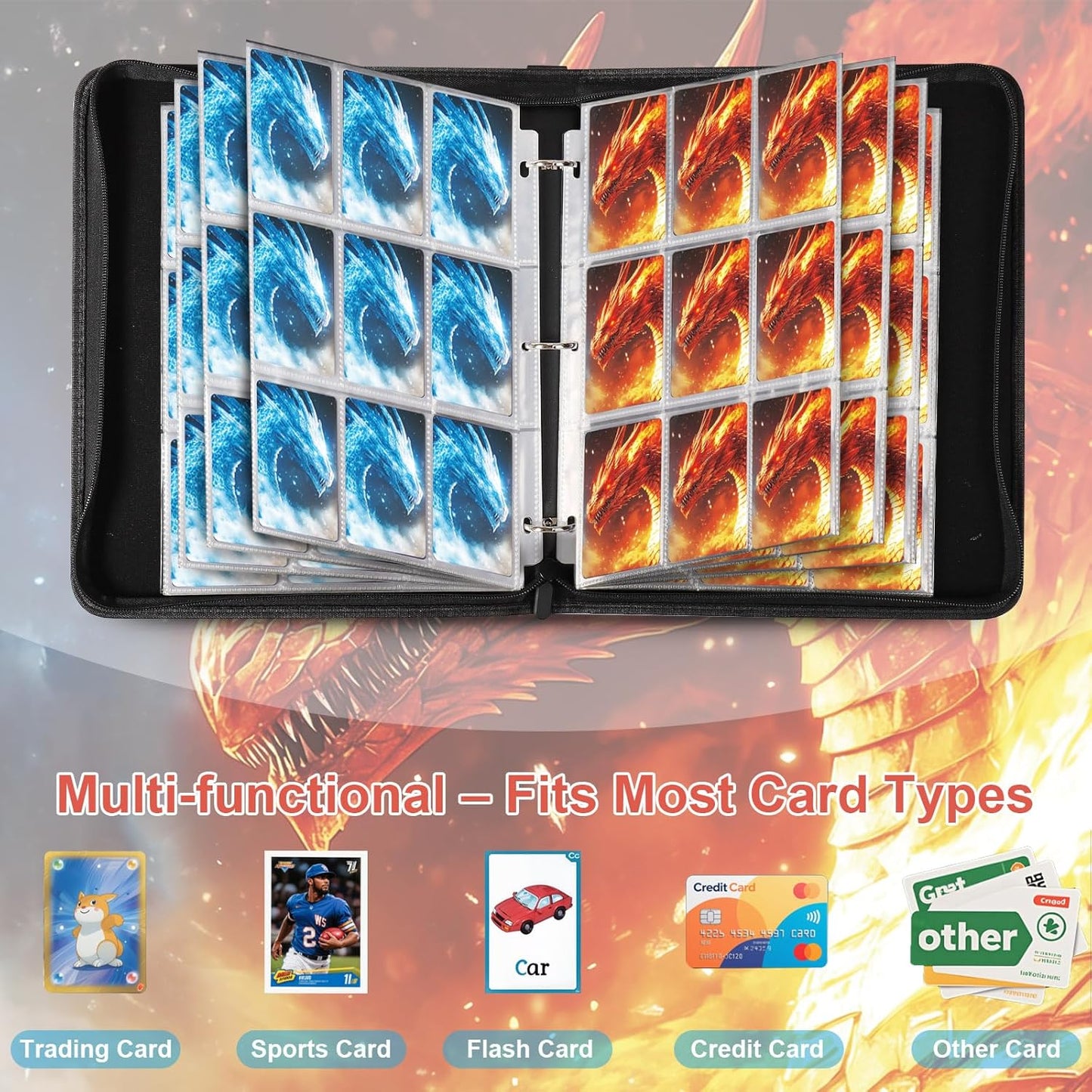 Fire & Ice Dragon 9 Pocket Trading Card Binder Album, Holds 900 Cards with 50 Removable Double-Sided Sleeves, Waterproof PU Leather Zipper Binder for TCG, MTG, Sports Cards