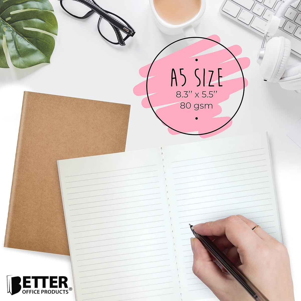Better Office Products Kraft Notebooks Lined Paper, 12 Pack, 8.3 in x 5.5 in, A5 Size, 60 Lined Ivory Pages, 80 gsm, Soft Cover Composition Notebooks, Stitched Spines, Kraft Travel Journals