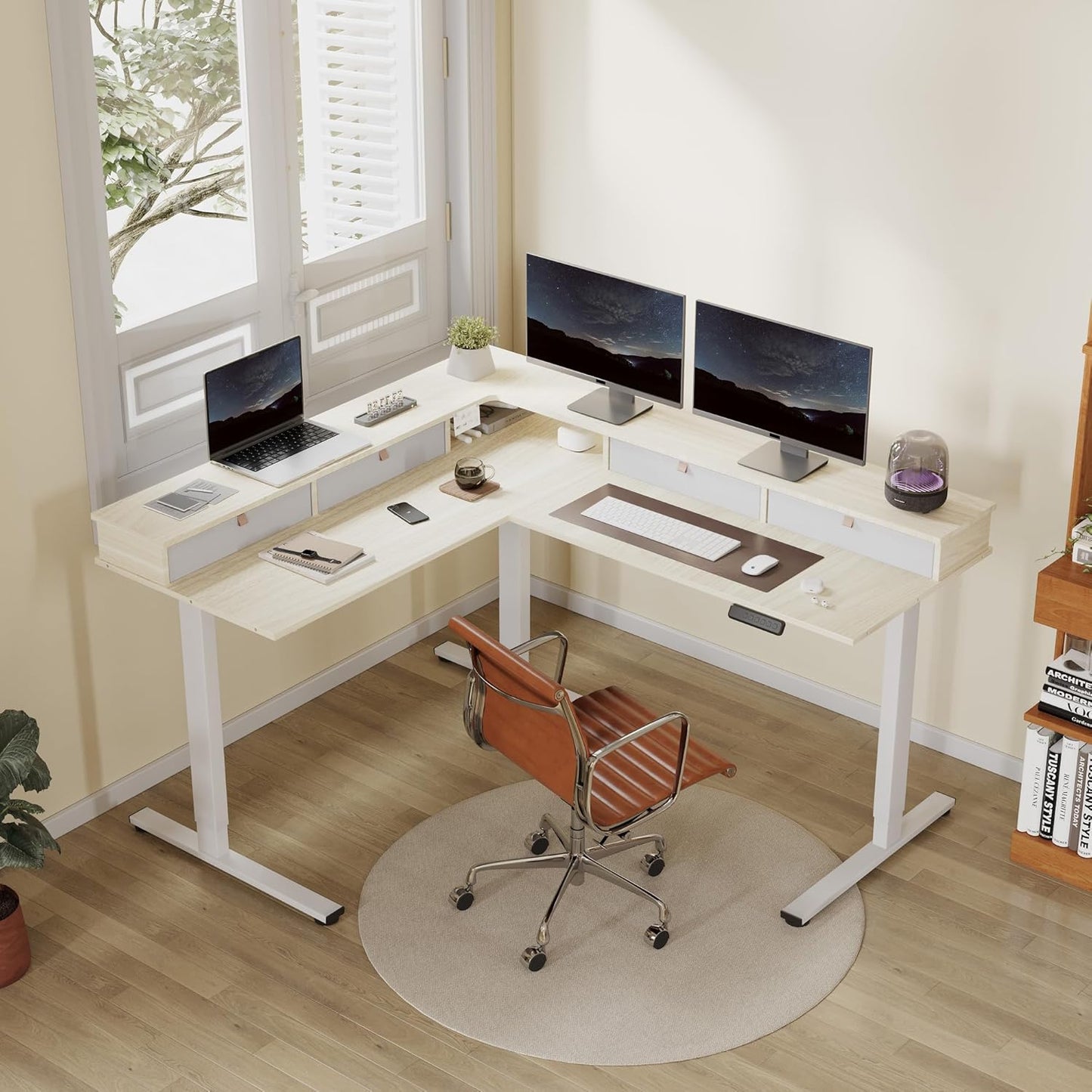 FLEXISPOT 63" L Shaped Standing Desk with Shelf Electric Corner Table, Drawers, Adjustable Computer Workstation for Home, Office,USB Charging Port, 63x55in, Light Maple Top + White Frame
