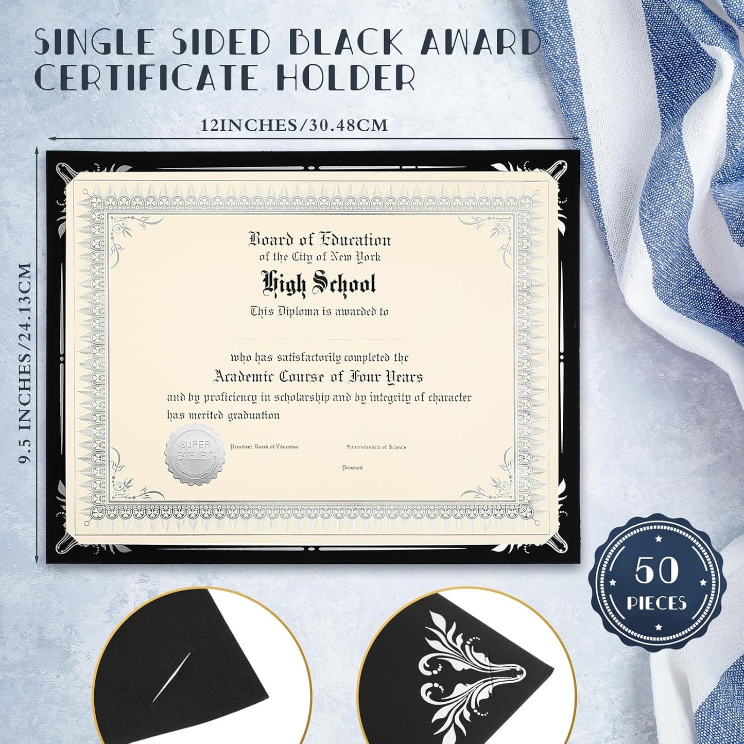 Fainne 50 Sets Certificate Kit Includes 50 Pcs 9.5 x 12 Inch Certificate Holders 50 Pcs Letter Size Papers 50 Pcs Foil Award Seals Diploma Covers for Appreciation(Black, Silver)