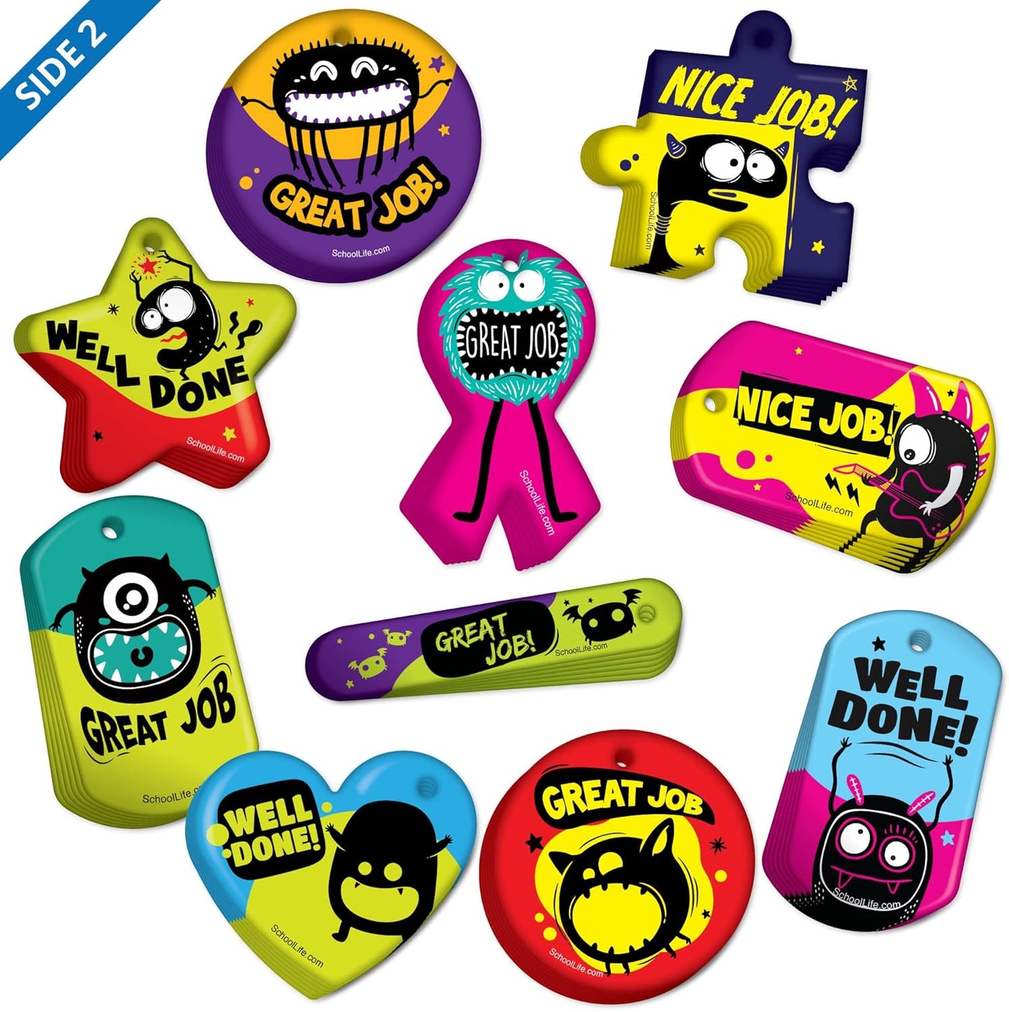 Brag Tags Fun Critters & Monsters Increase Attendance Incentives Value Pack: 500 Multicolor, Waterproof Teslin Brag Tags (50 Per Design) + 150 Hypoallergenic, USA-Made, 24" Aluminum Safety Chains