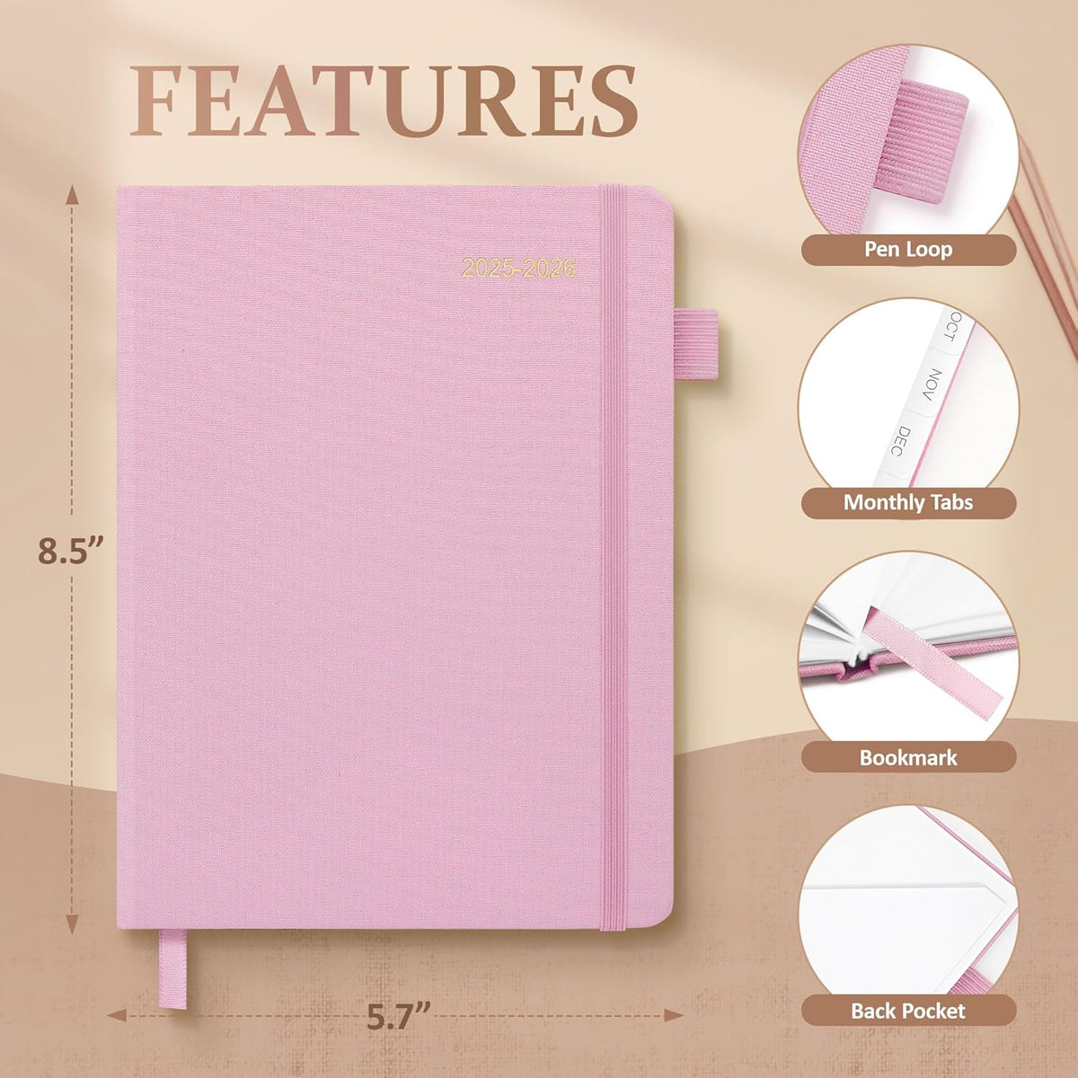 Planner 2025-2026, Academic Linen 2025-2026 Monthly Planner July 2025 to June 2026, Weekly & Daily Organizer with Tabs, Note Pages, Hardcover 5.65" x 8.15"- Ideal for School, Work & Productivity-Pink