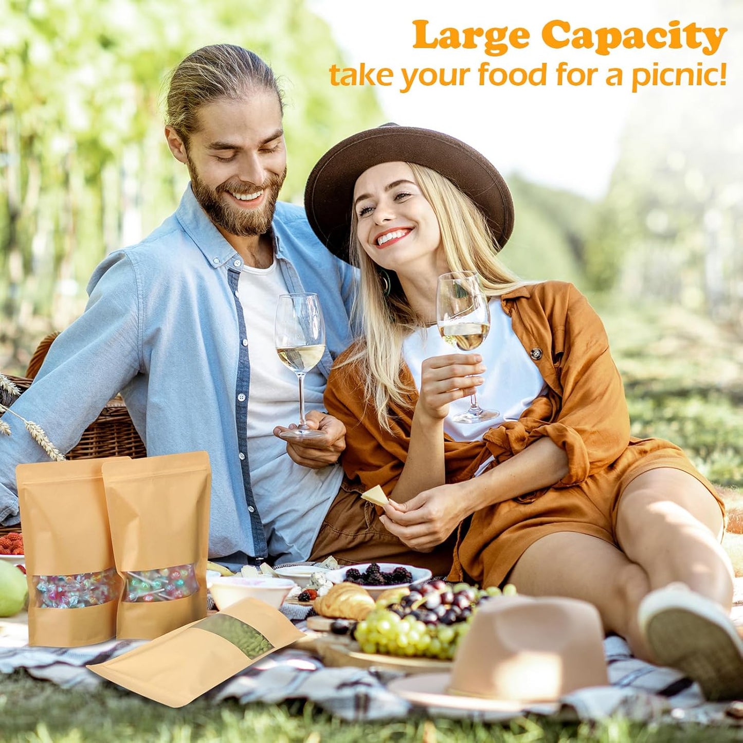 Geosar 300 Pcs Kraft Bags with Window 8 x 12 Inch Stand Kraft Pouches Bulk Zipper Paper Pouches Food Storage Reusable Heat Sealable Bags for Packaging Home Business
