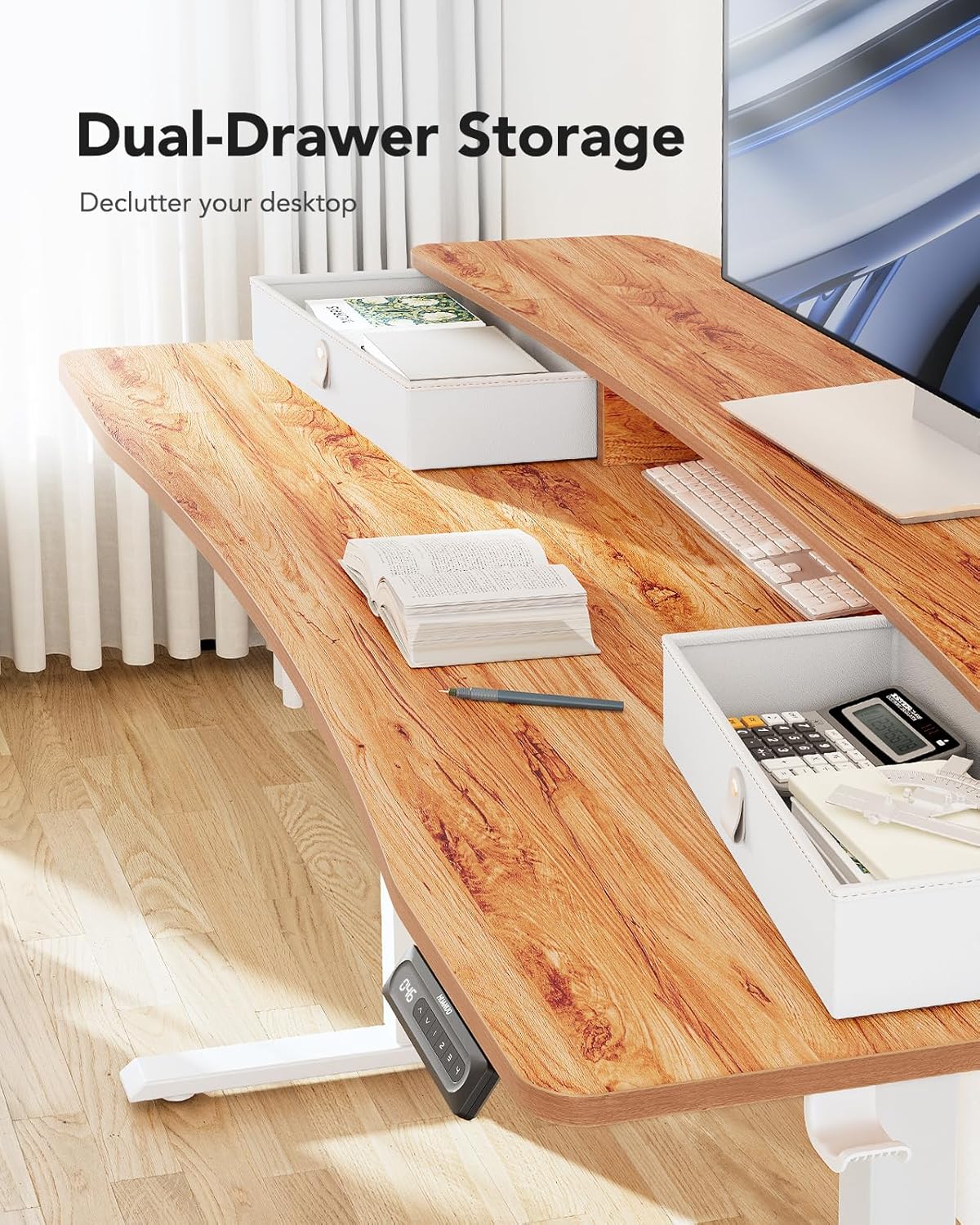 HUANUO 48″ x 24″ Electric Standing Desk with 2 Drawers, C-Clamp Mount Compatible, Height Adjustable Computer Desk, Home Office Stand Up Desk with 4 Preset Heights & 2 Hooks, Light Vintage