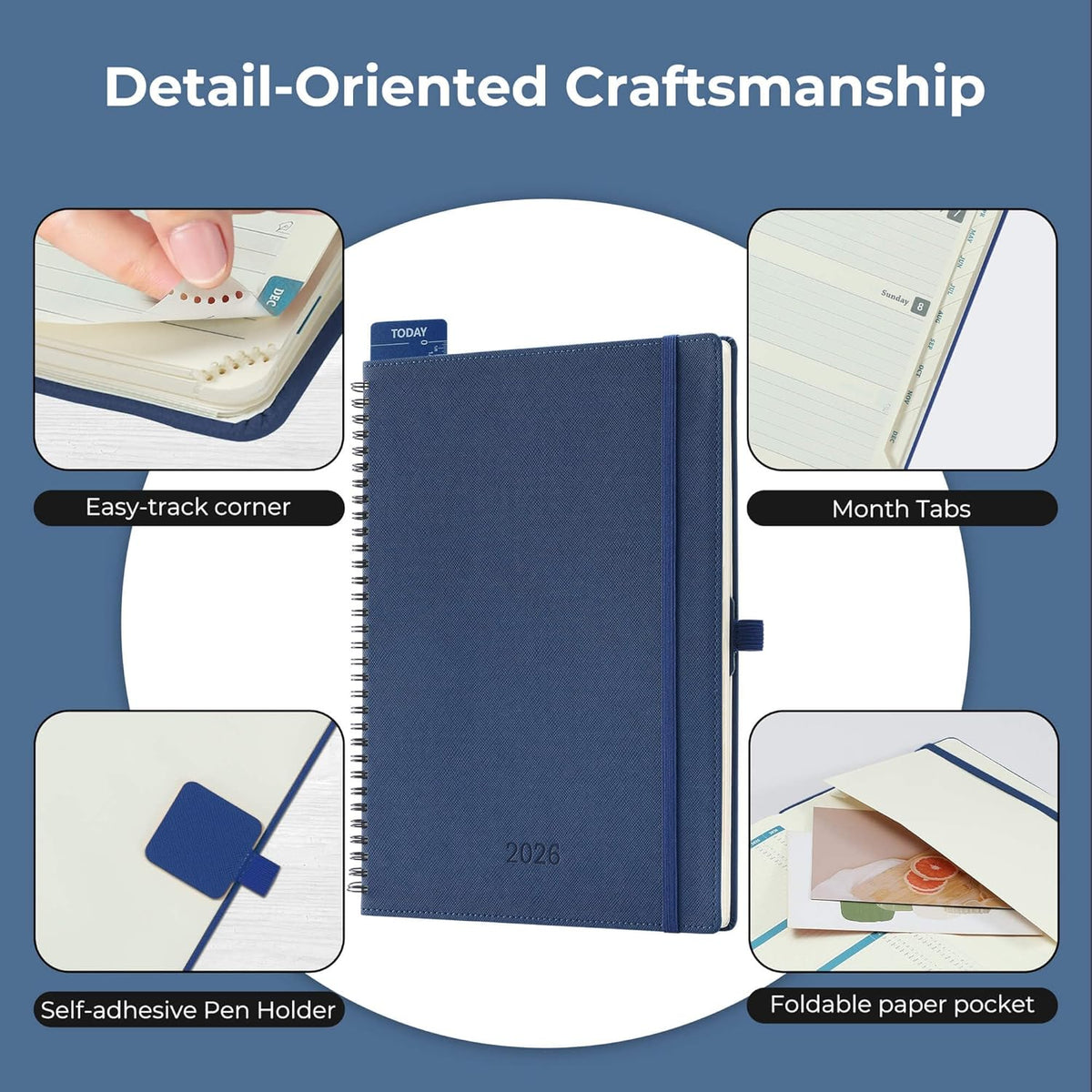 Planner 2026 Daily Weekly and Monthly,11.5"x8.5",12 Months Spiral Bound Calendar Agenda with Self-adhesive Pen Holder,2026 Appointment Book with Vegan Leather Soft Cover,Blue