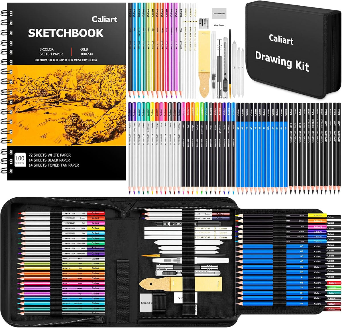 Caliart 176PCS Art Supplies Sketching Kit with 100 Sheets 3-Color Sketch Book, Graphite Colored Charcoal Watercolor & Metallic Pencils, Drawing Supplies Gifts for Artists Adults Beginners