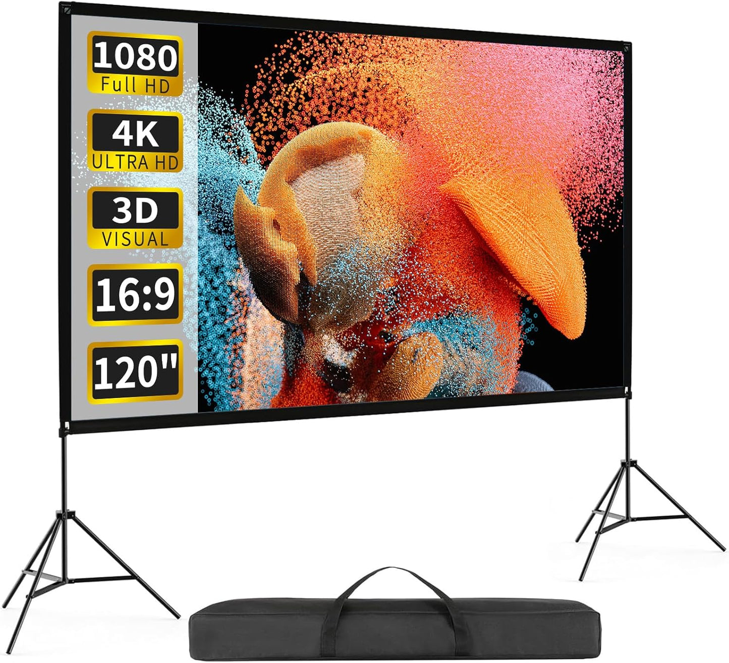 Projector Screen with Stand 120 Inch, 16:9 4K HD Portable Projector Screen Indoor Outdoor, Foldable Wrinkle-Free Movie Screen 160° Front Rear Projection Screen with Carry Bag for Home Movie