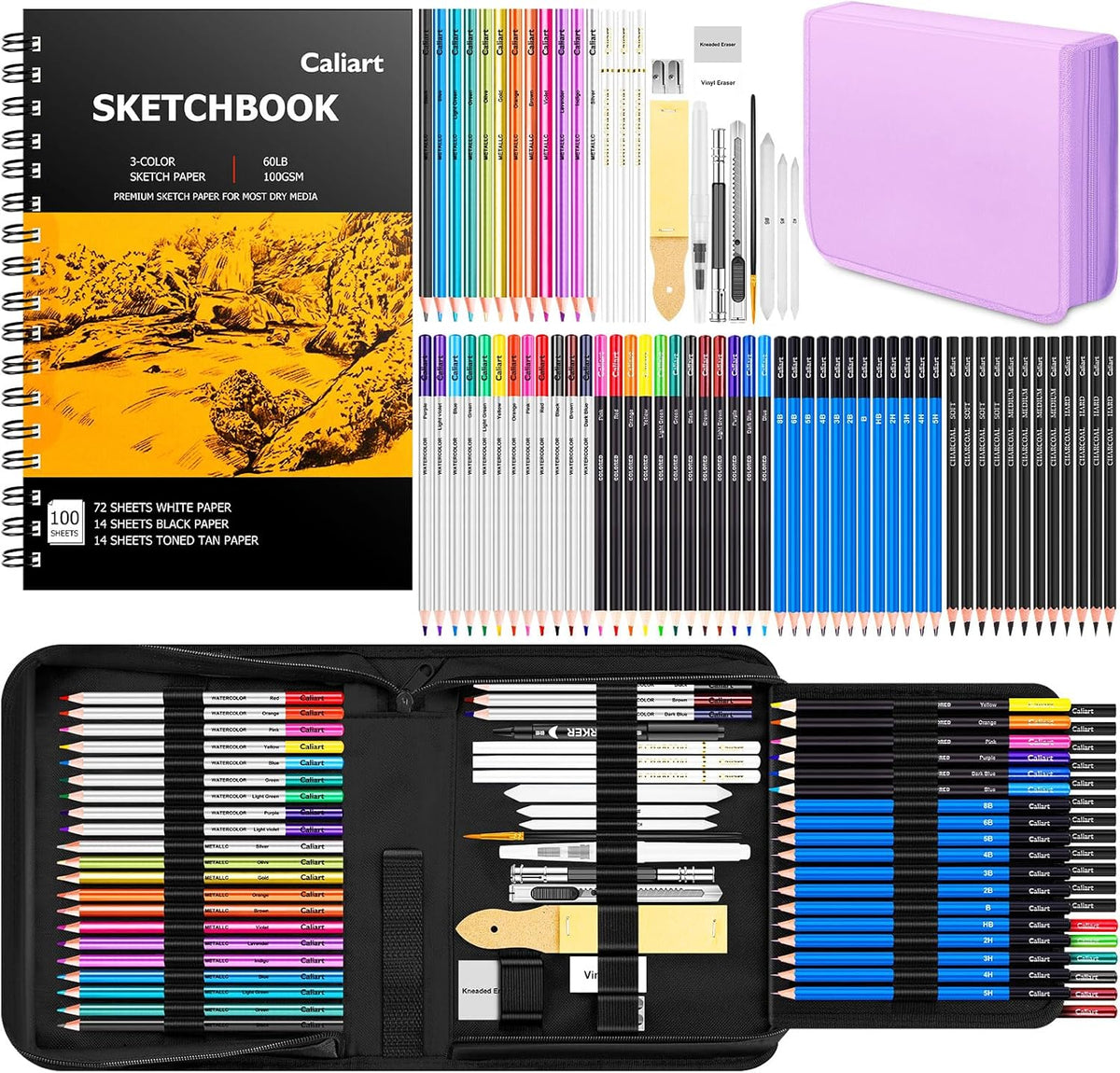 Caliart 176PCS Art Supplies Sketching Kit with 100 Sheets 3-Color Sketch Book, Graphite Colored Charcoal Watercolor & Metallic Pencils, Drawing Supplies Gifts for Artists Adults Beginners