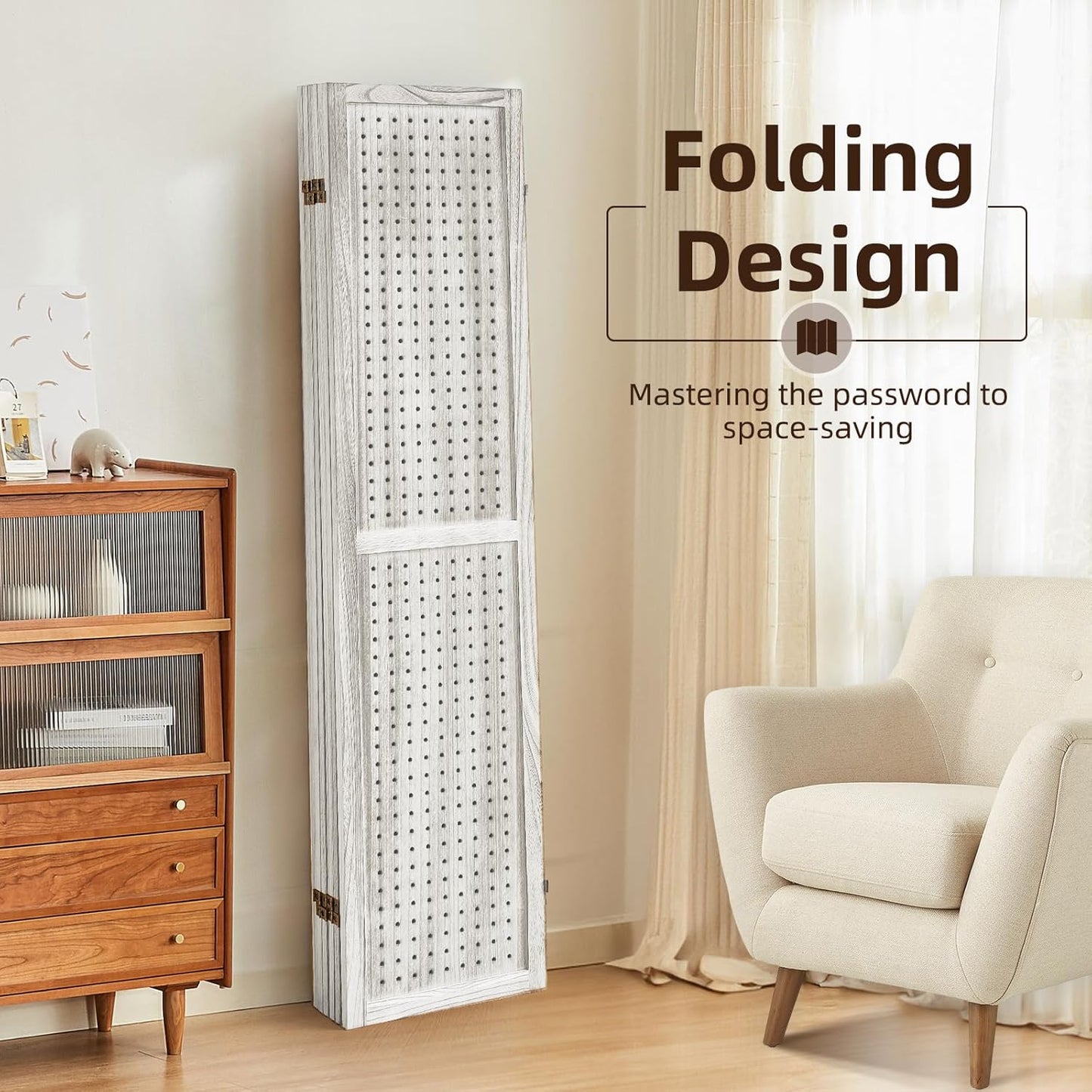 6 Panel Pegboard Display with 24 Hooks, Wooden Room Divider Wall and Folding Privacy Screens, Privacy Dividers for Rooms, Pegboard Room Divider, Jewelry Store, Retail Store, Bedroom, White
