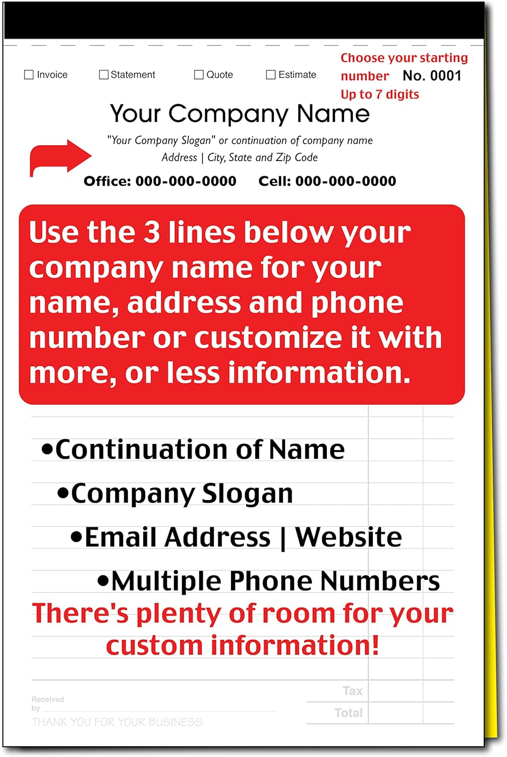Custom Sales, Invoice, Statement, Estimate, Quote, Personalized Multipurpose Duplicate Carbonless Form with Your Company Name - 5 Books (250 Sets) Numbered
