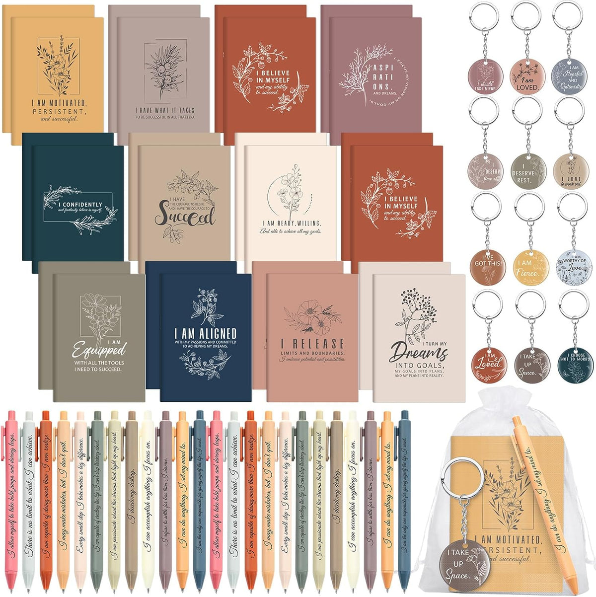 72 Pcs/24 Set Positive Affirmation Gift Set Gratitude Notebooks with Affirmation Pens Acrylic Keychains Small Bags Motivational Notepads for Women Coworkers Adults Party Favors (Vibrant)