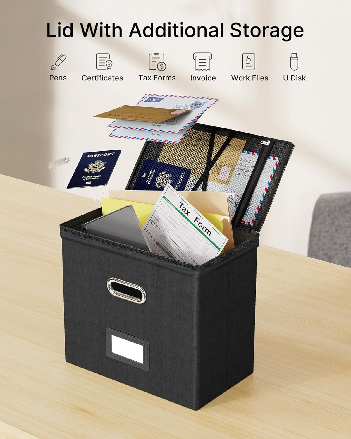 Oterri 2 Pack File Organizer Boxes with Lids, File Box with Mesh Pockets, Document Organizer Box for File Folders Letter Size, Zippers Filing Box for Home, Office, School (Black, Without Folders)