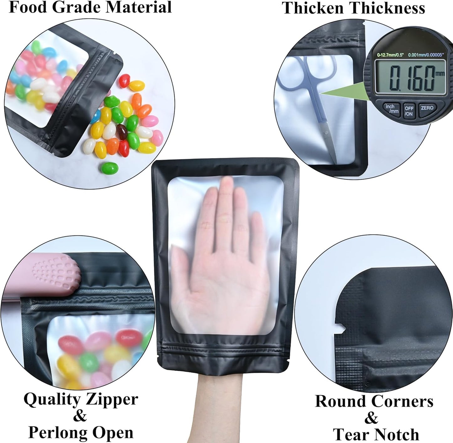 Resealable Mylar Pouch Pen Bags Great for Office Home Party Favor Food Storage Cookies Sample Jewelry Snack (100PCS, Black Color, 3.5 x 6.3 inch)