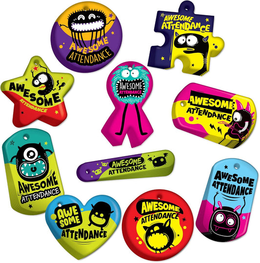 Brag Tags Fun Critters & Monsters Increase Attendance Incentives Value Pack: 500 Multicolor, Waterproof Teslin Brag Tags (50 Per Design) + 150 Hypoallergenic, USA-Made, 24" Aluminum Safety Chains