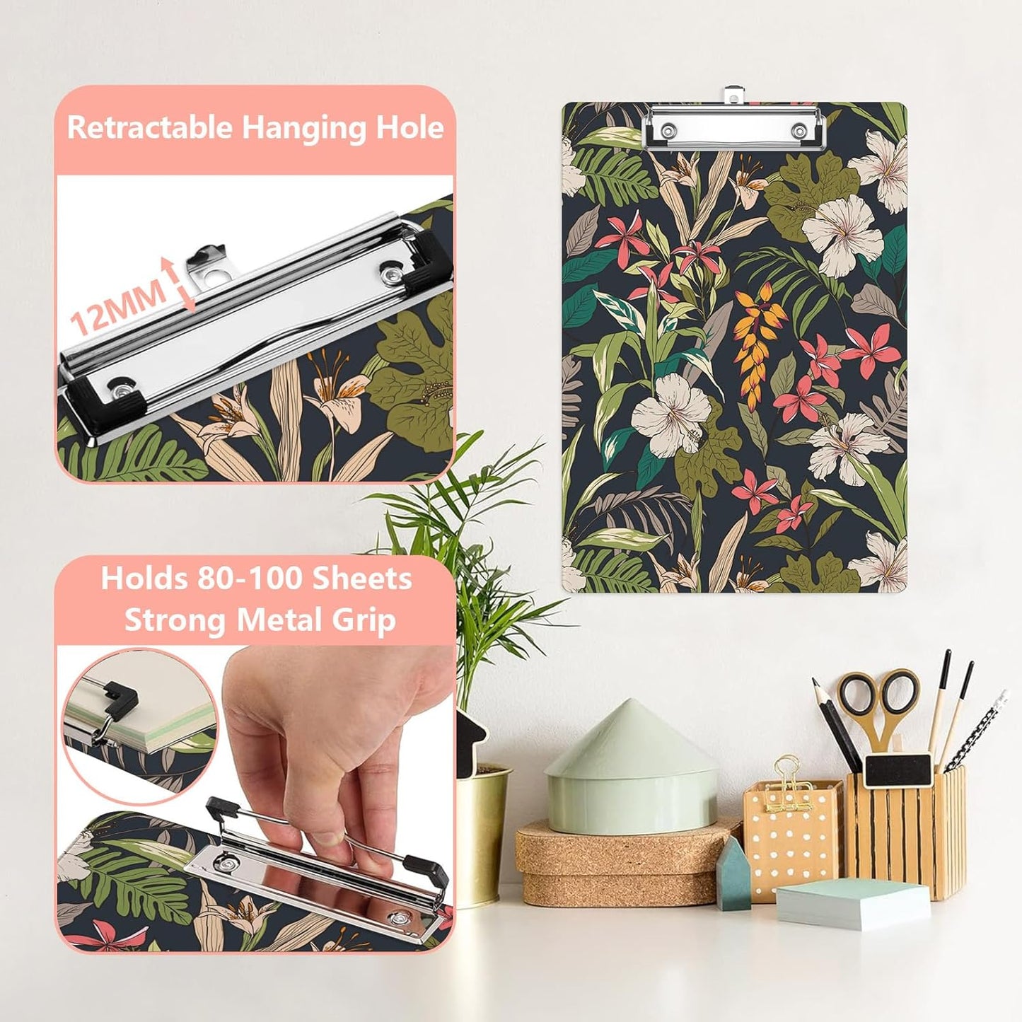 Tropical Flower Leaves Plastic Clipboards,Cute Fashion Clipboard Decorative 8.5" x 12.5"Standard A4 Size Clipboards,Acrylic Clipboard for Teacher,Social Worker,Students,Nurse,Office Supplies