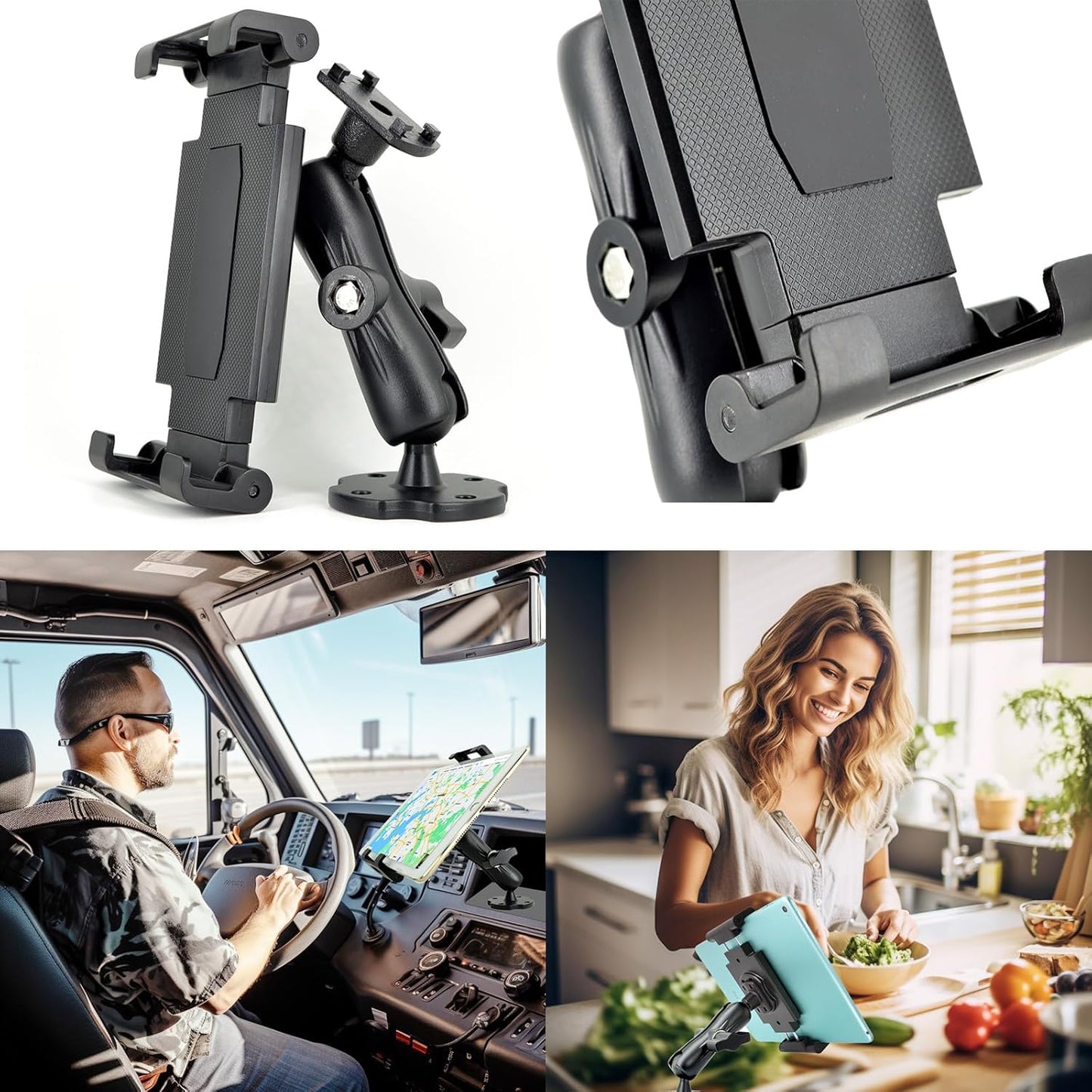Aluminum Arm Heavy Duty Tablet Mount Drill Base - for 6.5"-12.9" Tablet iPad Pro/Mini, iPad Holder for Truck, Car,Dashboard,Desk,Wall-Swivel with 1 inch/25mm Ball Joint