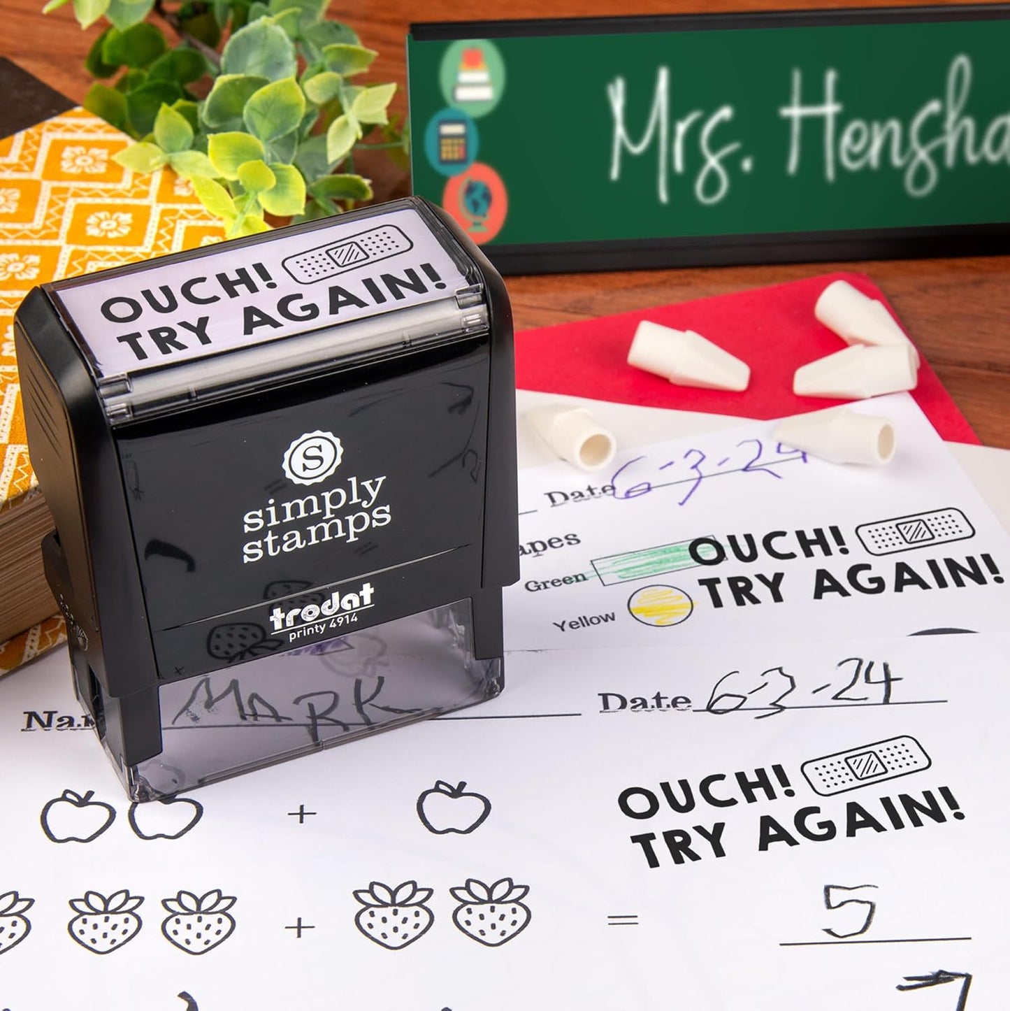 Custom Self-Inking Classroom Stamps | 49 Grading Phrases | Fun, Xtra Large Book Stamps (Ouch! Try Again!)