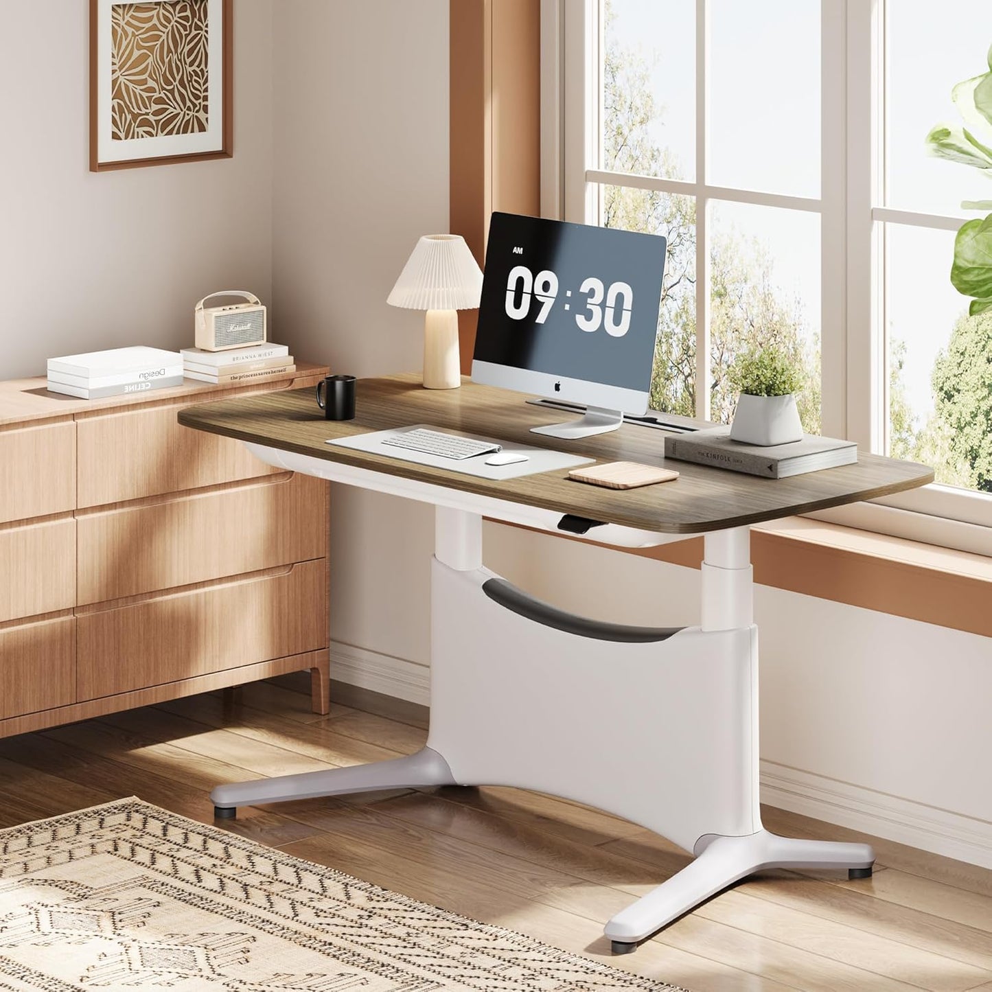 COLAMY Electric Standing Desk, Whole-Piece Gaming Desk with Dual Motors, Ergonomic Footrest, Drawers for Storage, Adjustable Height Sit-Stand Desk for Home Office (MFC Desktop, Walnut + White)