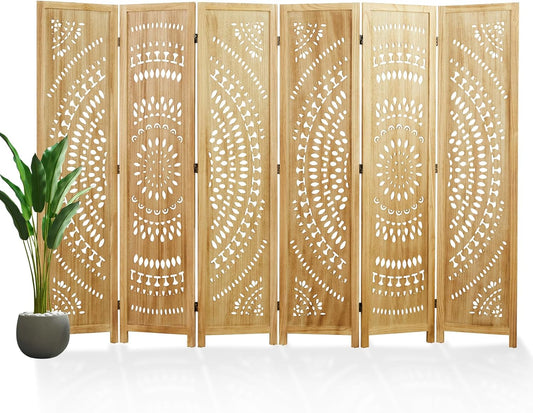 66.9Inch Folding Room Divider, 6 Panels Wood Carved Privacy Screens, Free Assembled Freestanding Partition for Home Office Restaurant Bedroom (Natural)