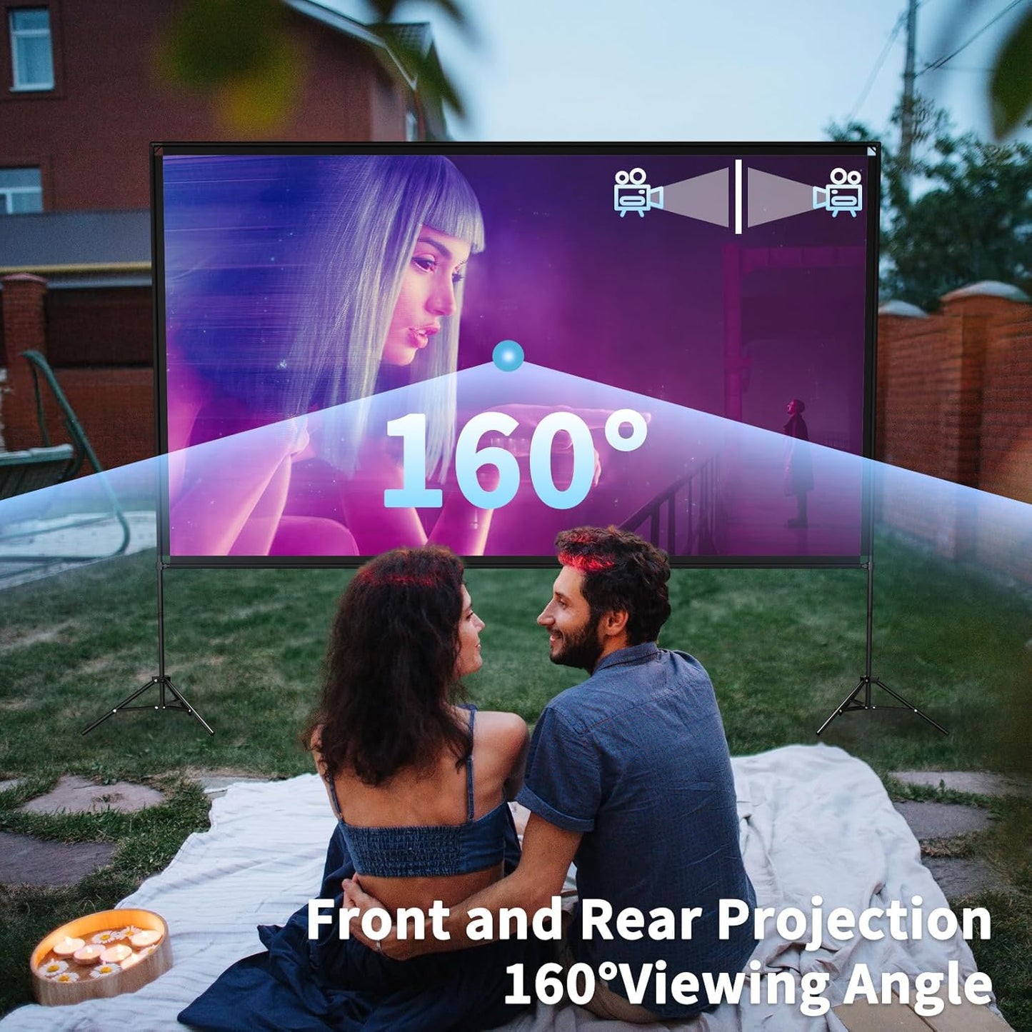 Projector Screen with Stand 120 Inch, 16:9 4K HD Portable Projector Screen Indoor Outdoor, Foldable Wrinkle-Free Movie Screen 160° Front Rear Projection Screen with Carry Bag for Home Movie