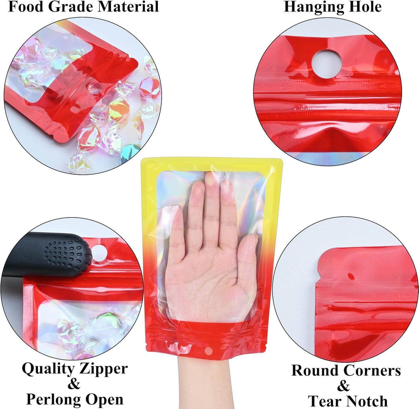 Resealable Mylar Pouch Bag Great for Office Home Party Favor Food Storage (100PCS, Red and Yellow Color, 4.7 x 8 inch)