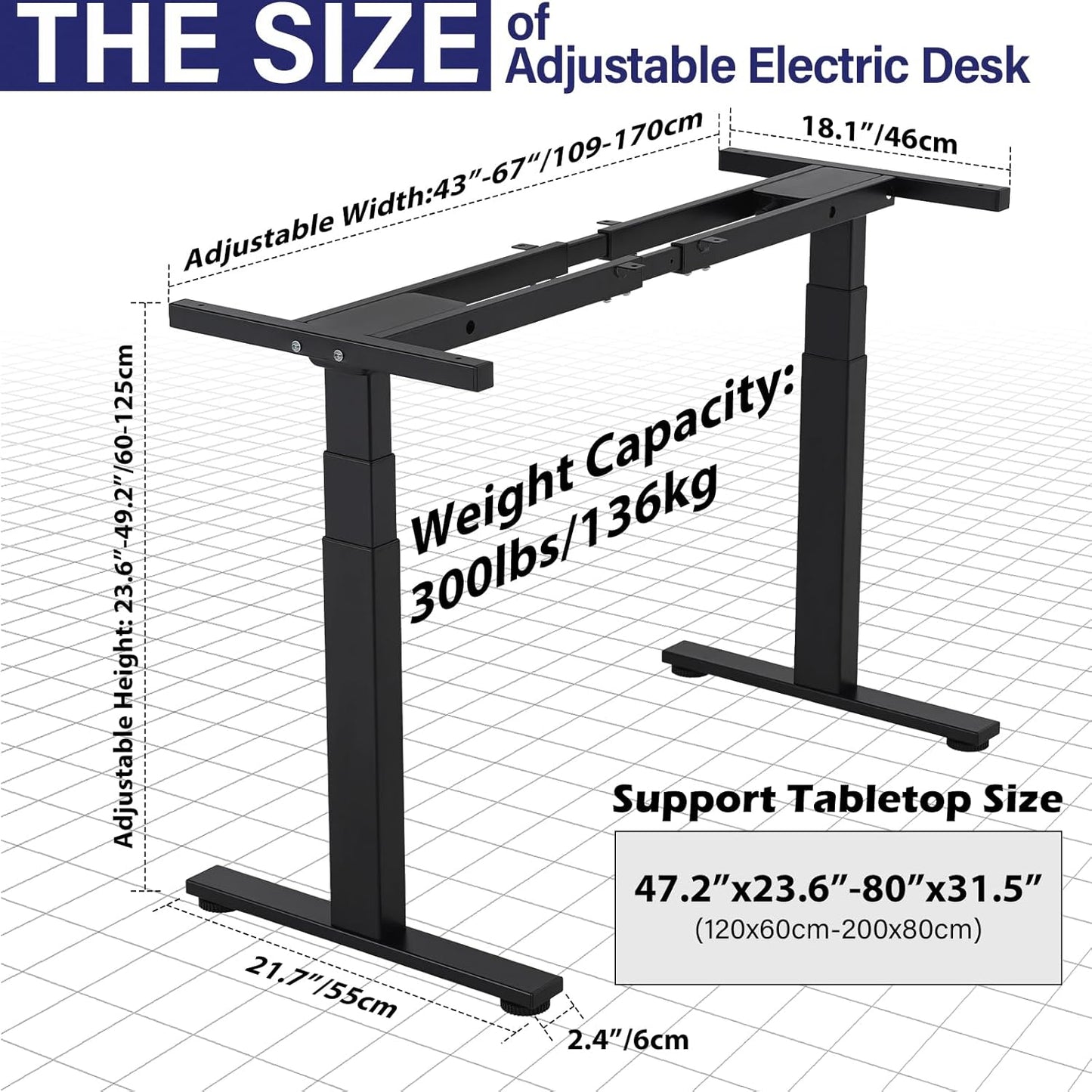 TOPSKY Dual Motor 3 Stage Electric Adjustable Standing Desk Frame for up to 80”x31.5” Table Tops Heavy Duty 300lb Load Capacity for Home Office (White Frame Only)