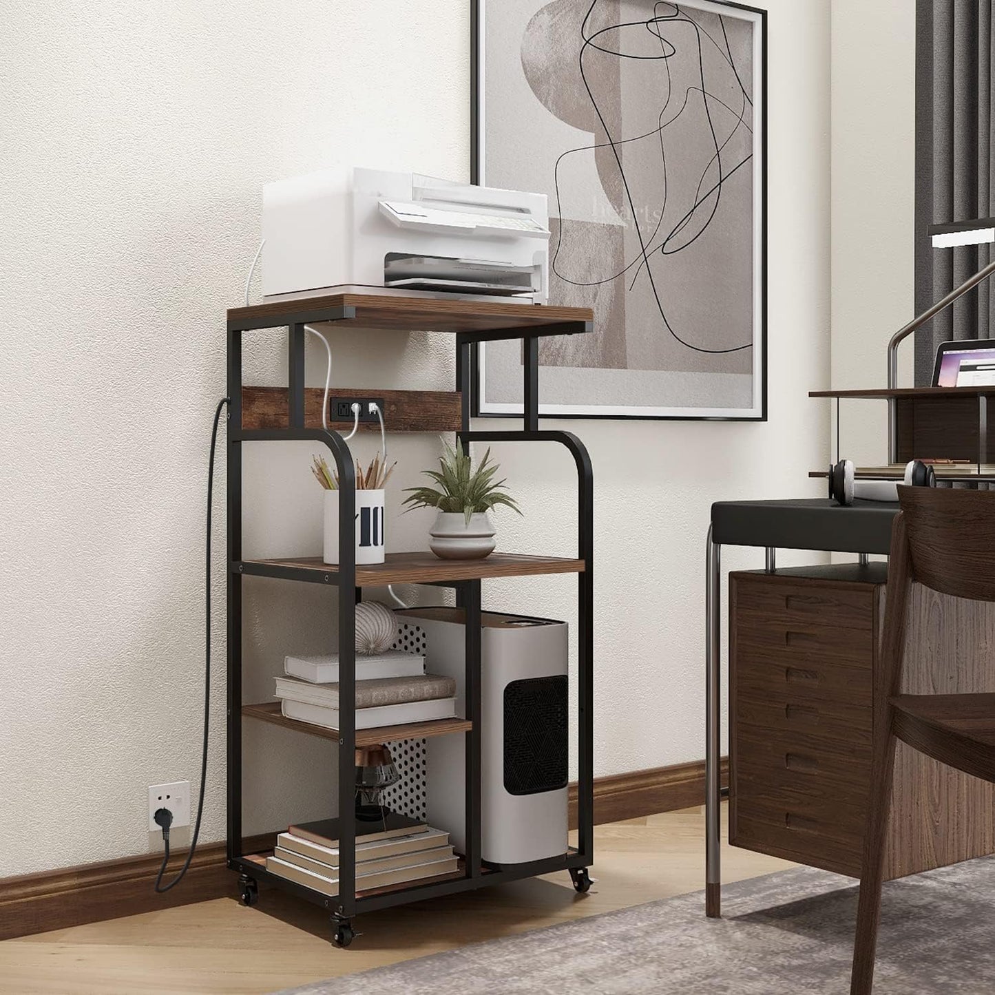 VEDECASA Large Printer Stand Cart with Charging Station USB Port 21.2"x15.7"x42.3" Tall 3-Tier Adjustable Shelf Storage Home Office Rolling Stand with Wheels