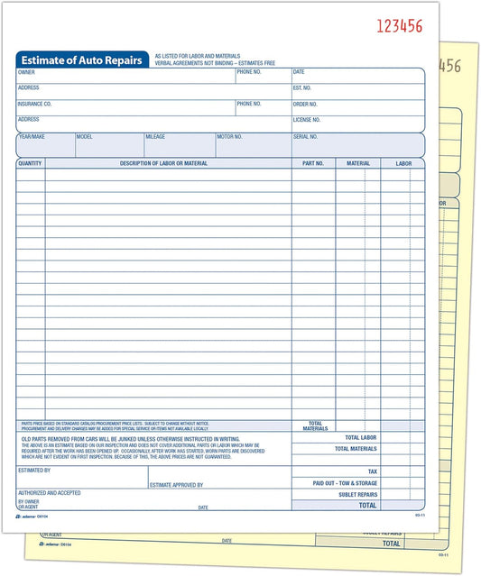 Adams Auto Repair Estimate Book, 2-Part, Carbonless, White/Canary, 8-3/8 x 10-11/16 Inches, 50 Sets per Book (D8104)